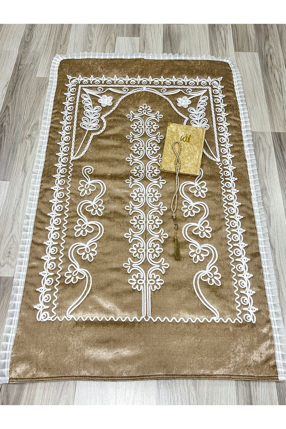 AYHANHOME Cappuccino Velvet Prayer Rug 3-Piece Bridal Set 1