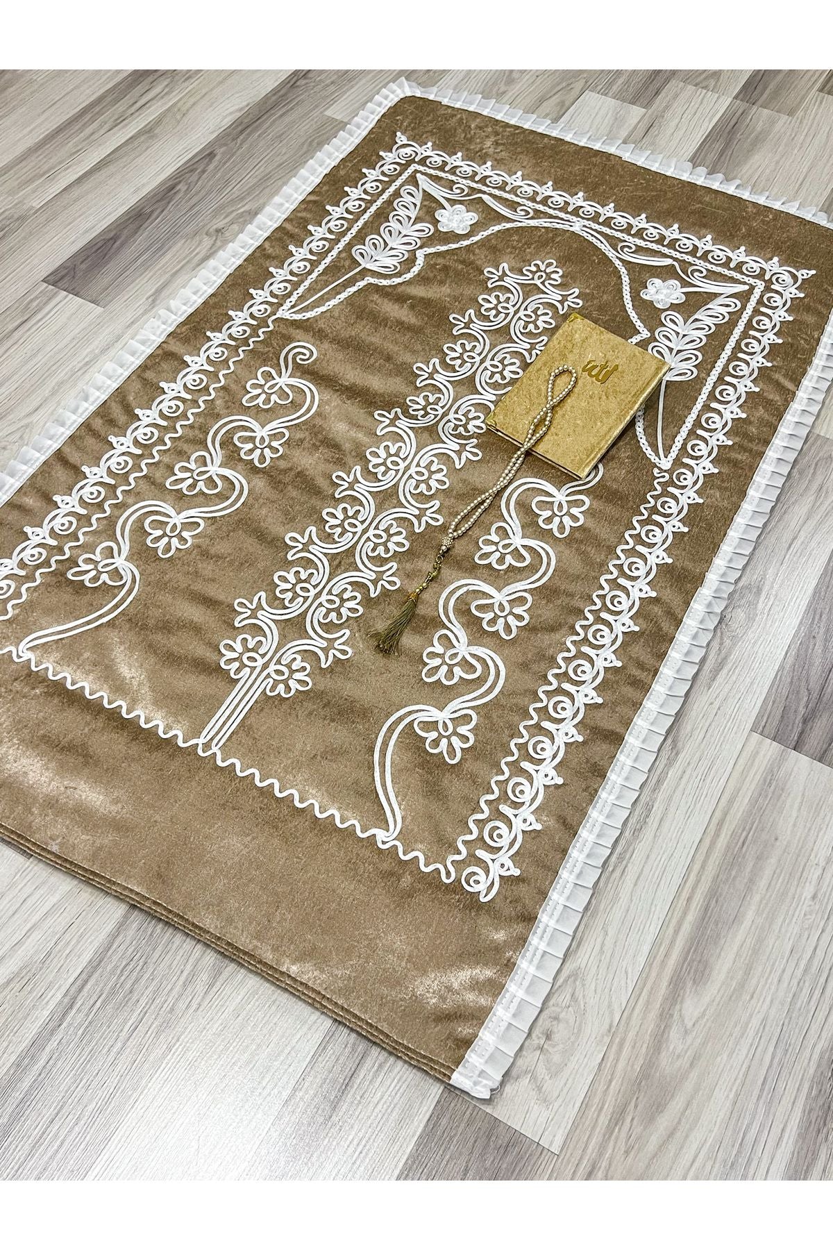 AYHANHOME Cappuccino Velvet Prayer Rug 3-Piece Bridal Set 3