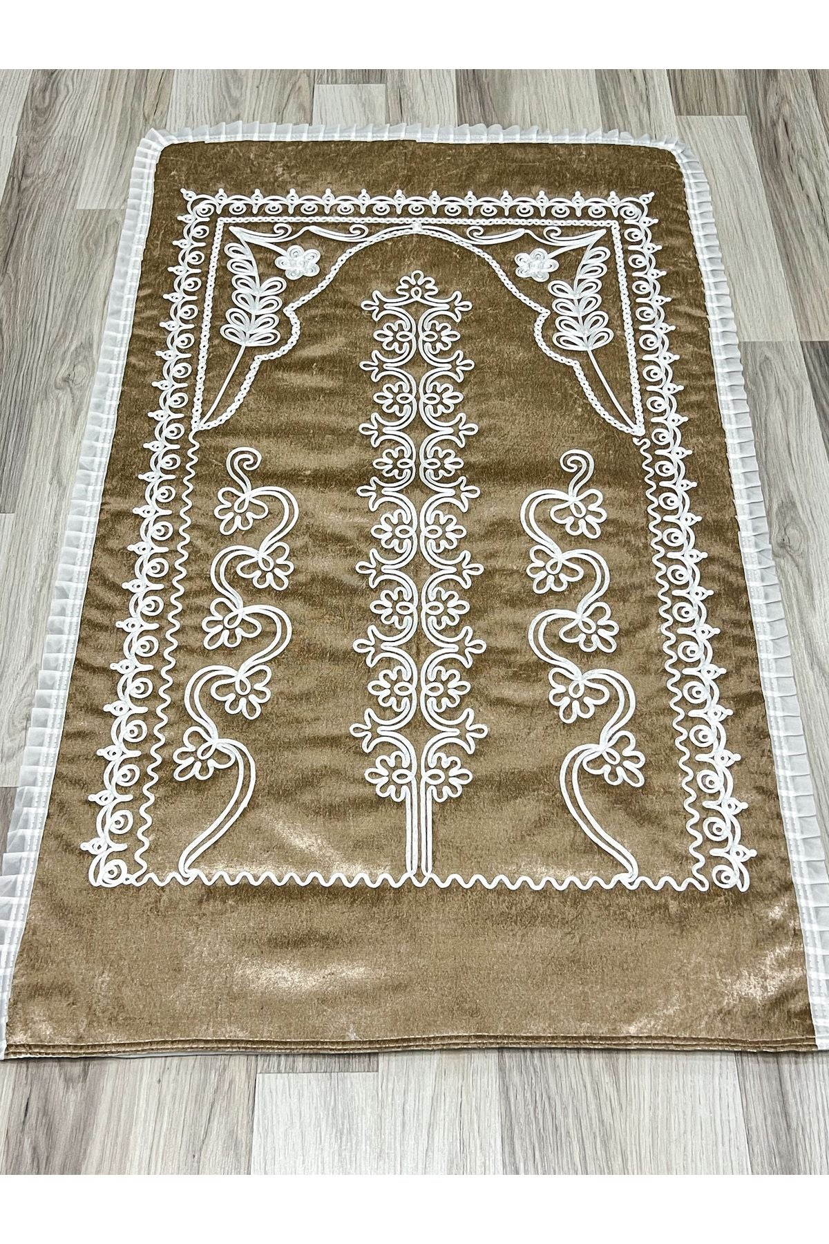 AYHANHOME Cappuccino Velvet Prayer Rug 3-Piece Bridal Set 6