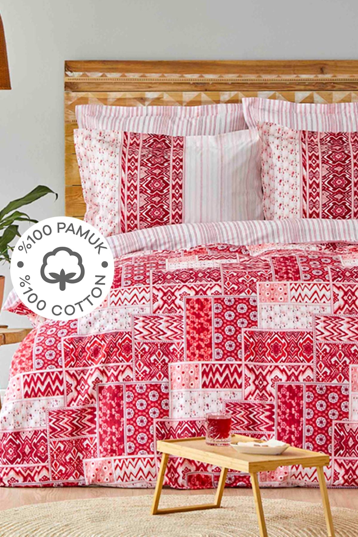 Karaca Home Pietra Red 100% Cotton Double Bed Duvet Cover Set 1