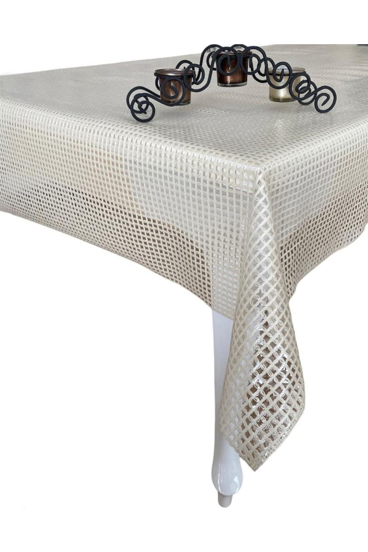 Aksu Mefruşat Transparent Coated Woven Wicker Patterned PVC Tablecloth Cream 1