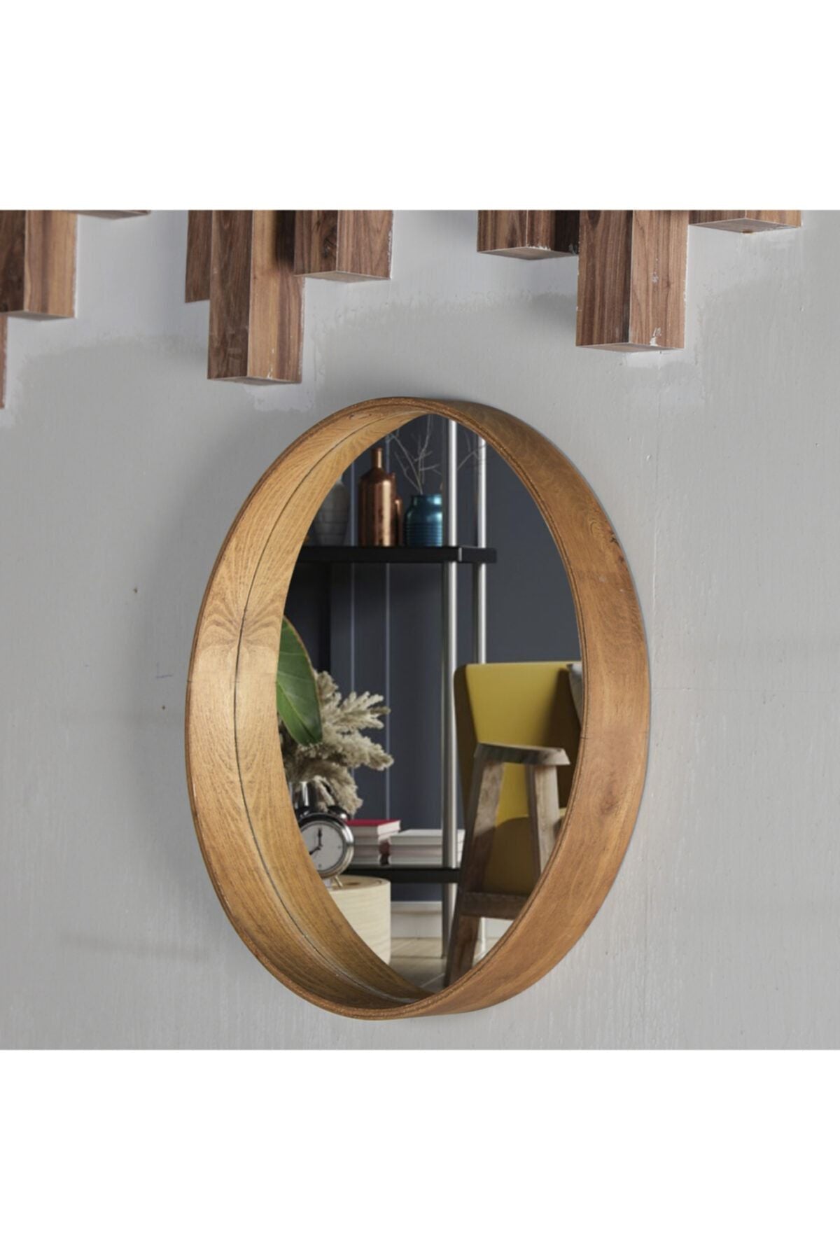 TALAŞTOZUM Wooden Pattern Round Decorative Mirror 60 Cm 1