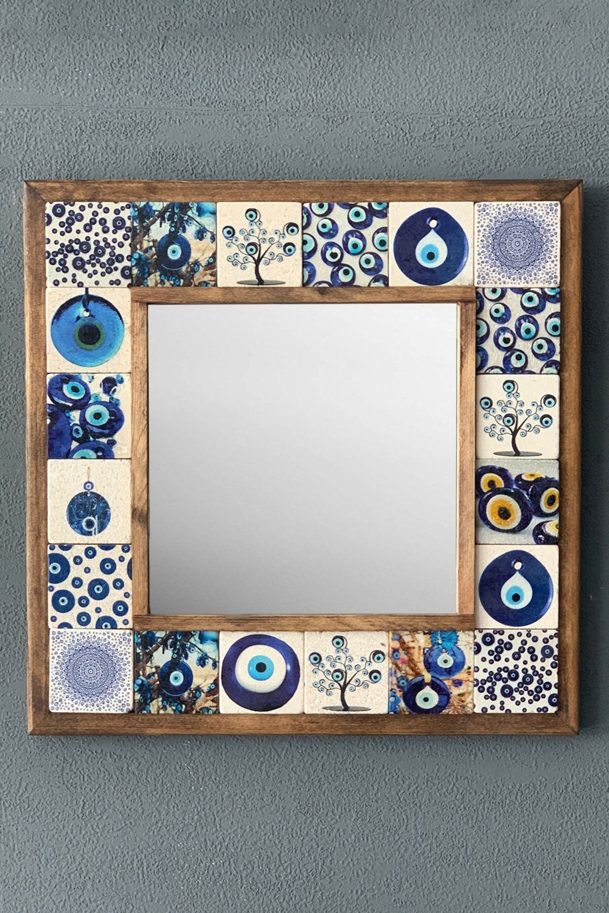 Oscar Stone Decor Masif (Wooden) Framed Mosaic Stone Mirror 33 Cm X 33 Cm Console Top Balcony Evil Eye 1