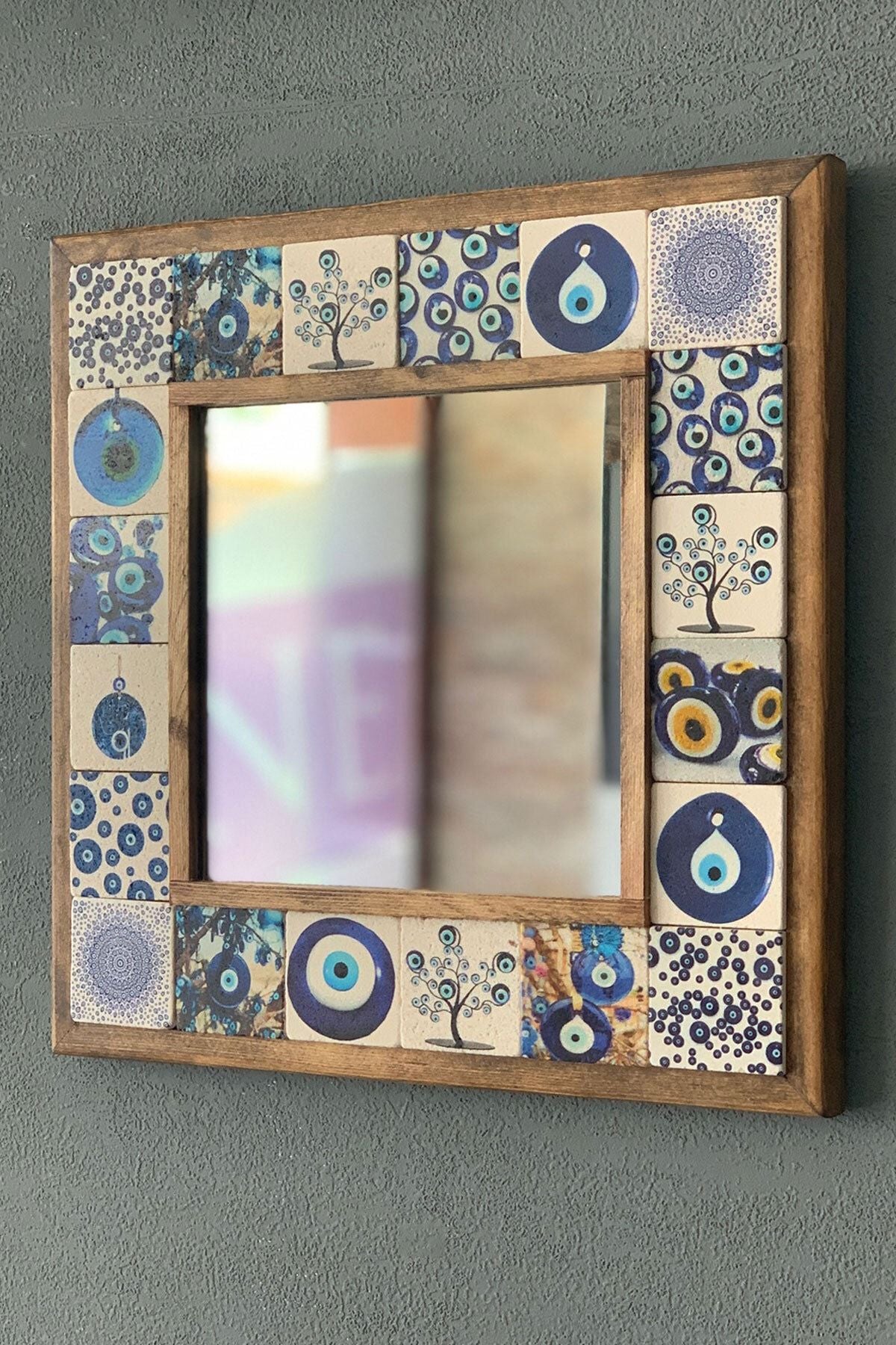 Oscar Stone Decor Masif (Wooden) Framed Mosaic Stone Mirror 33 Cm X 33 Cm Console Top Balcony Evil Eye 2