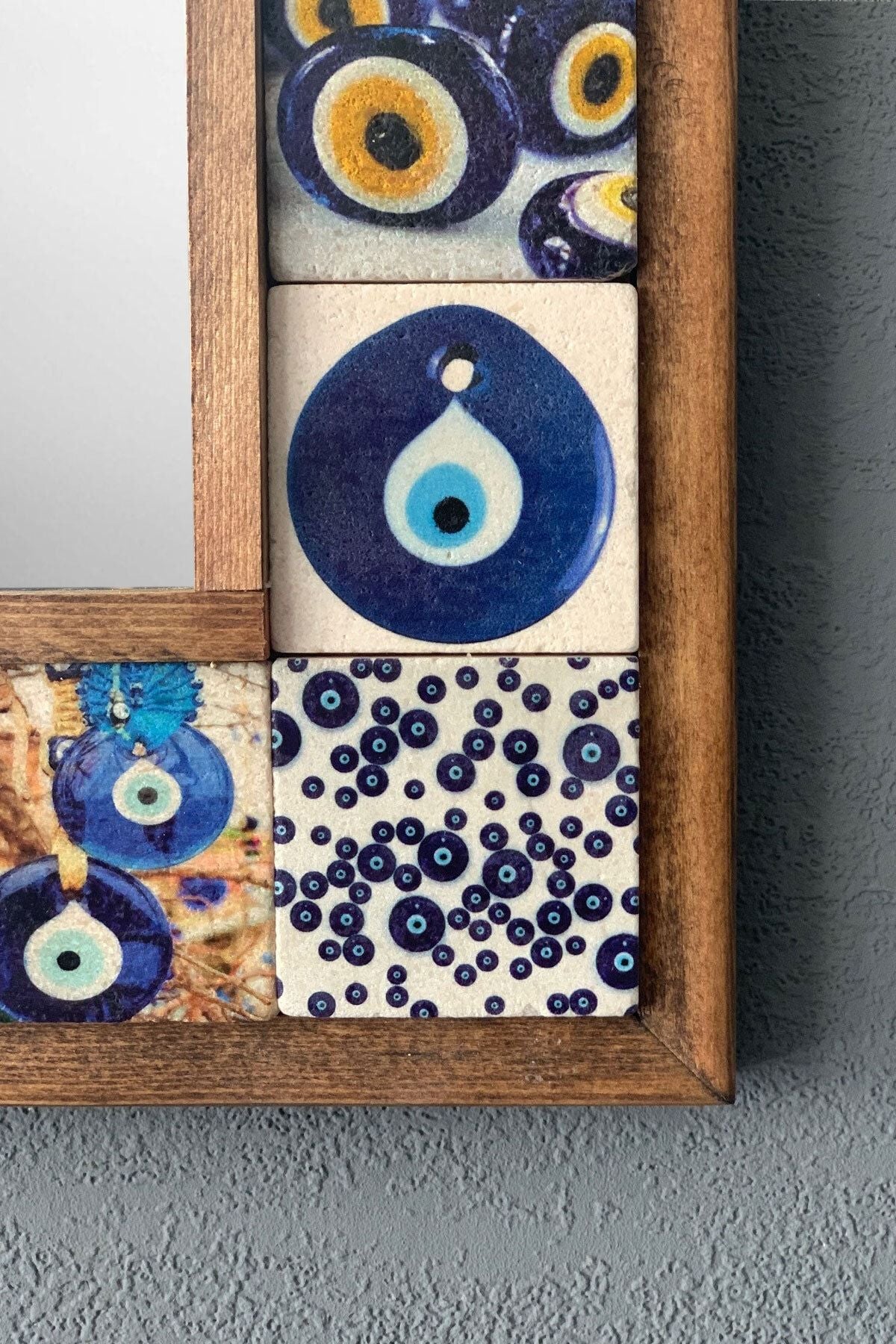 Oscar Stone Decor Masif (Wooden) Framed Mosaic Stone Mirror 33 Cm X 33 Cm Console Top Balcony Evil Eye 3