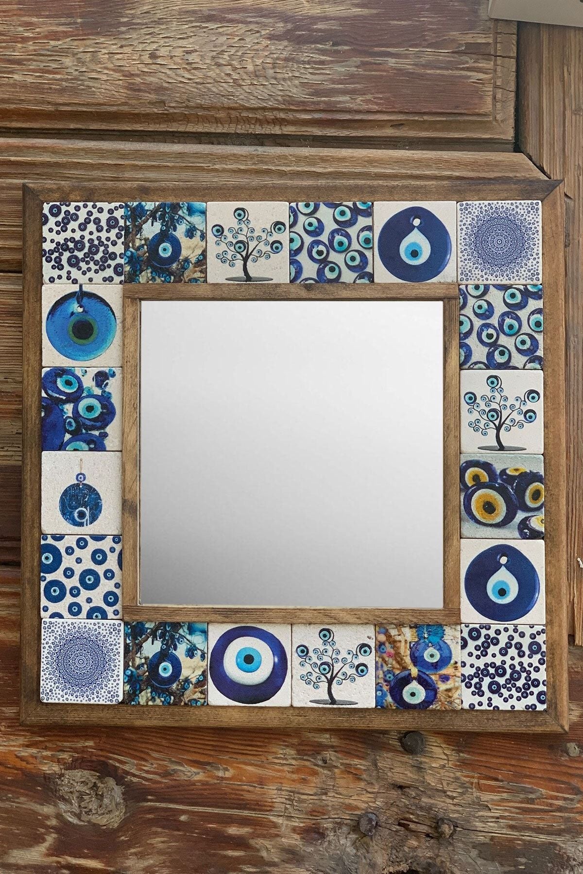 Oscar Stone Decor Masif (Wooden) Framed Mosaic Stone Mirror 33 Cm X 33 Cm Console Top Balcony Evil Eye 4