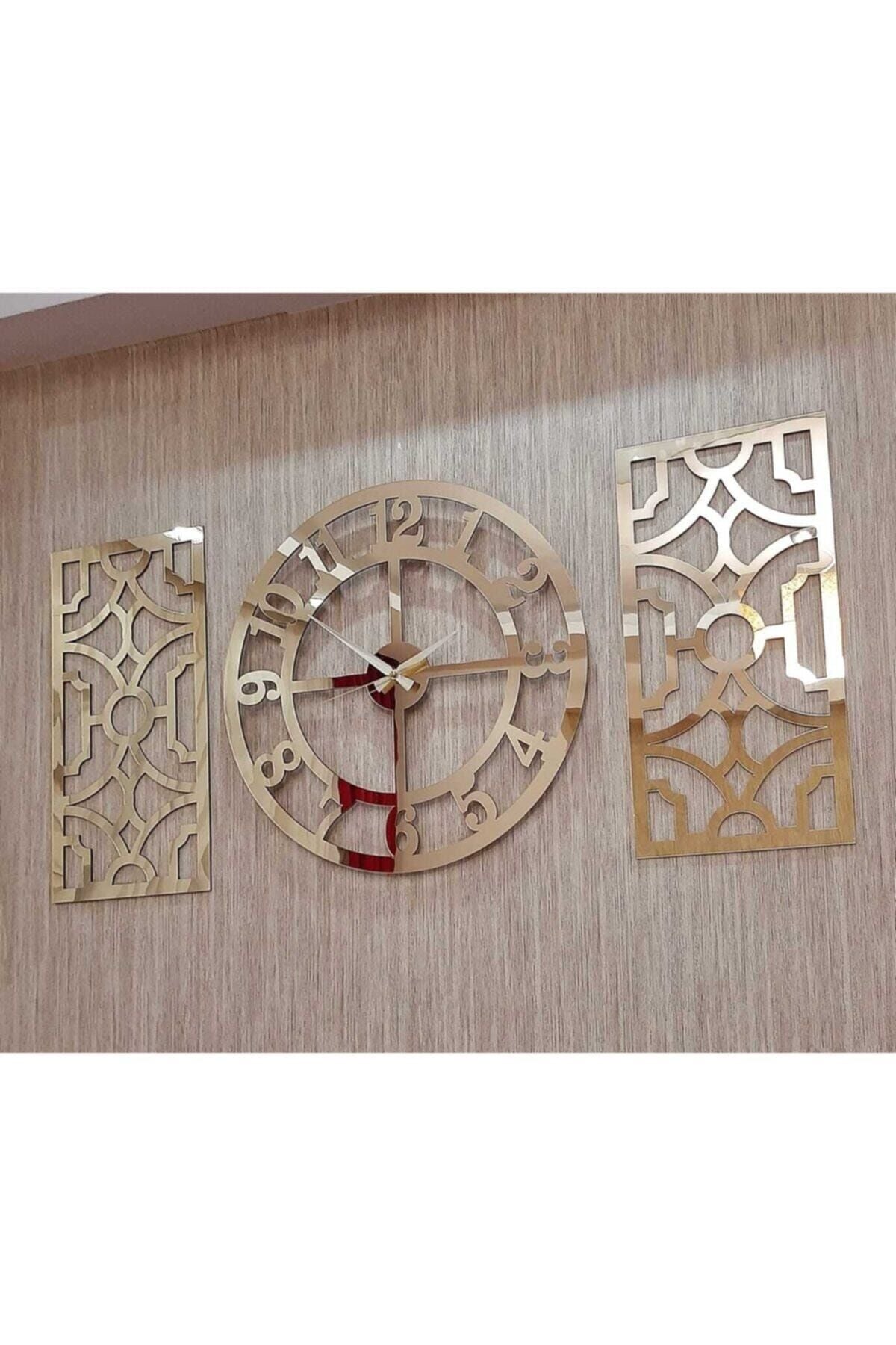 TUĞBArt 3 Piece Wall Clock and Decor with Turkish Numerals Time Collection Mirror Plexi Clock 40x40 Cm Decor 19x42cm Gold 2