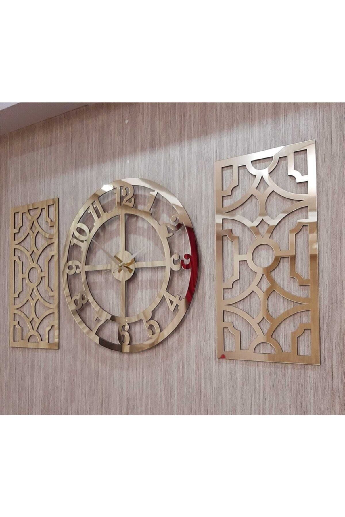 TUĞBArt 3 Piece Wall Clock and Decor with Turkish Numerals Time Collection Mirror Plexi Clock 40x40 Cm Decor 19x42cm Gold 3