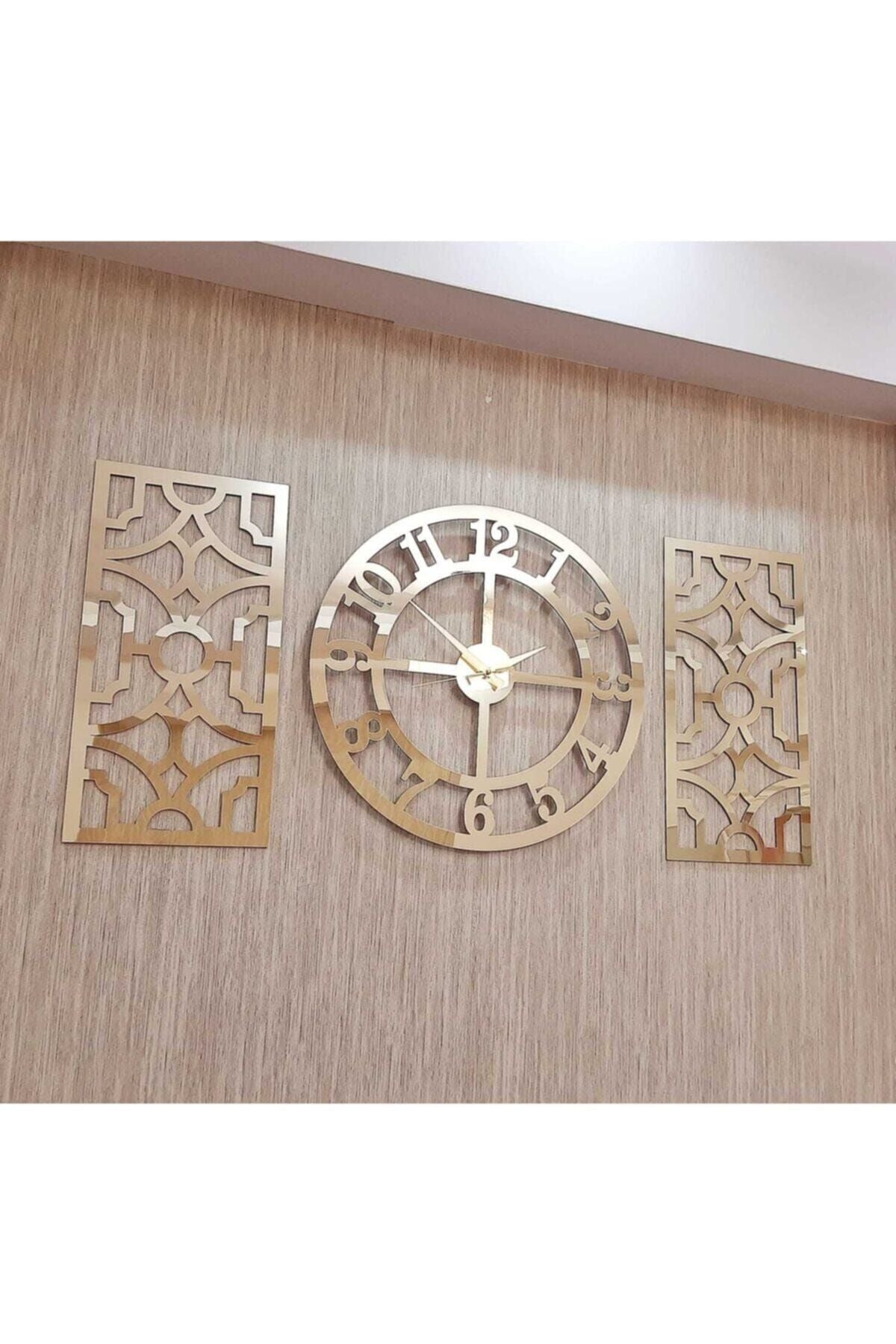 TUĞBArt 3 Piece Wall Clock and Decor with Turkish Numerals Time Collection Mirror Plexi Clock 40x40 Cm Decor 19x42cm Gold 5