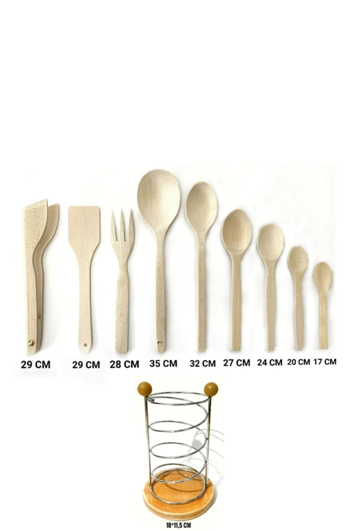 Kitchen Mania 10 Piece Wooden Spoon Spatula Serving Ladle Fork Tong Set - Metal Stand 2