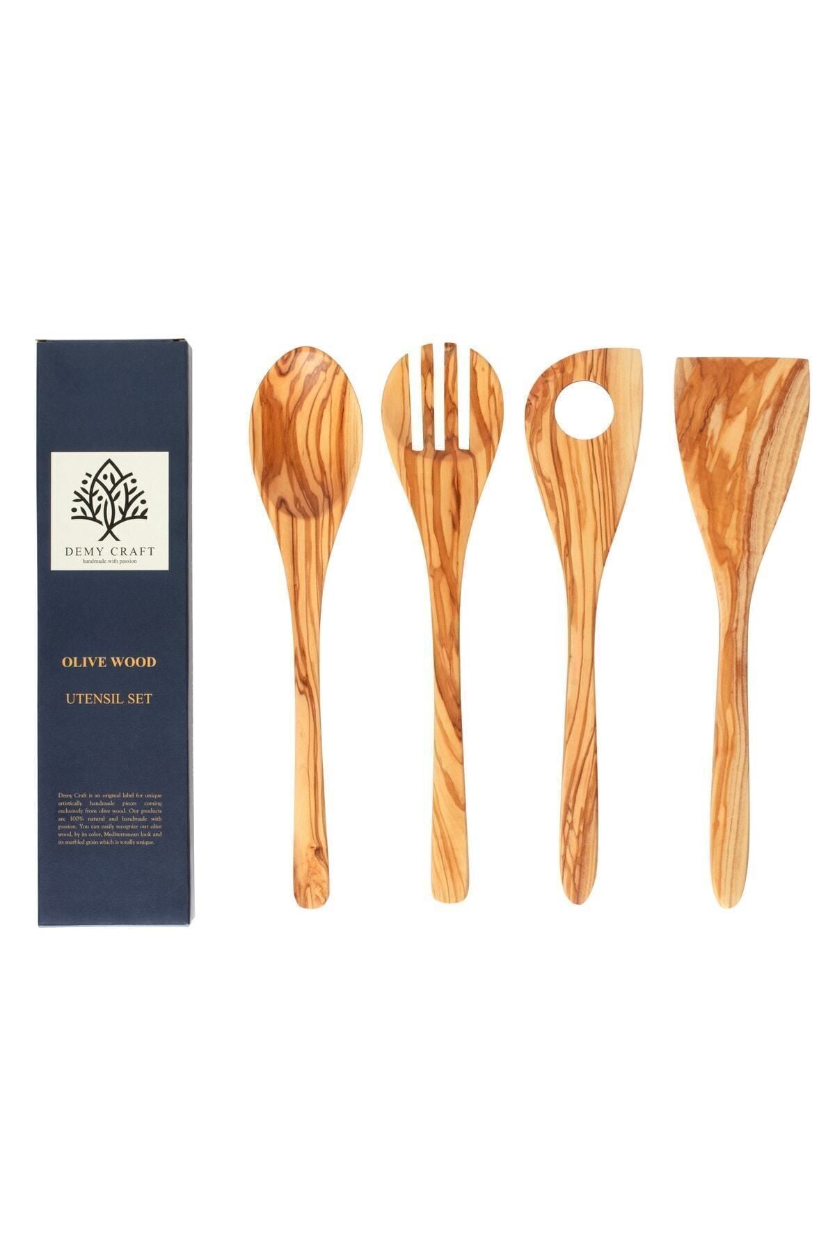 Demy Craft Olive Wood 30 cm 4-Piece Wooden Kitchen Set, Spoon, Fork, Spatula Handmade 6