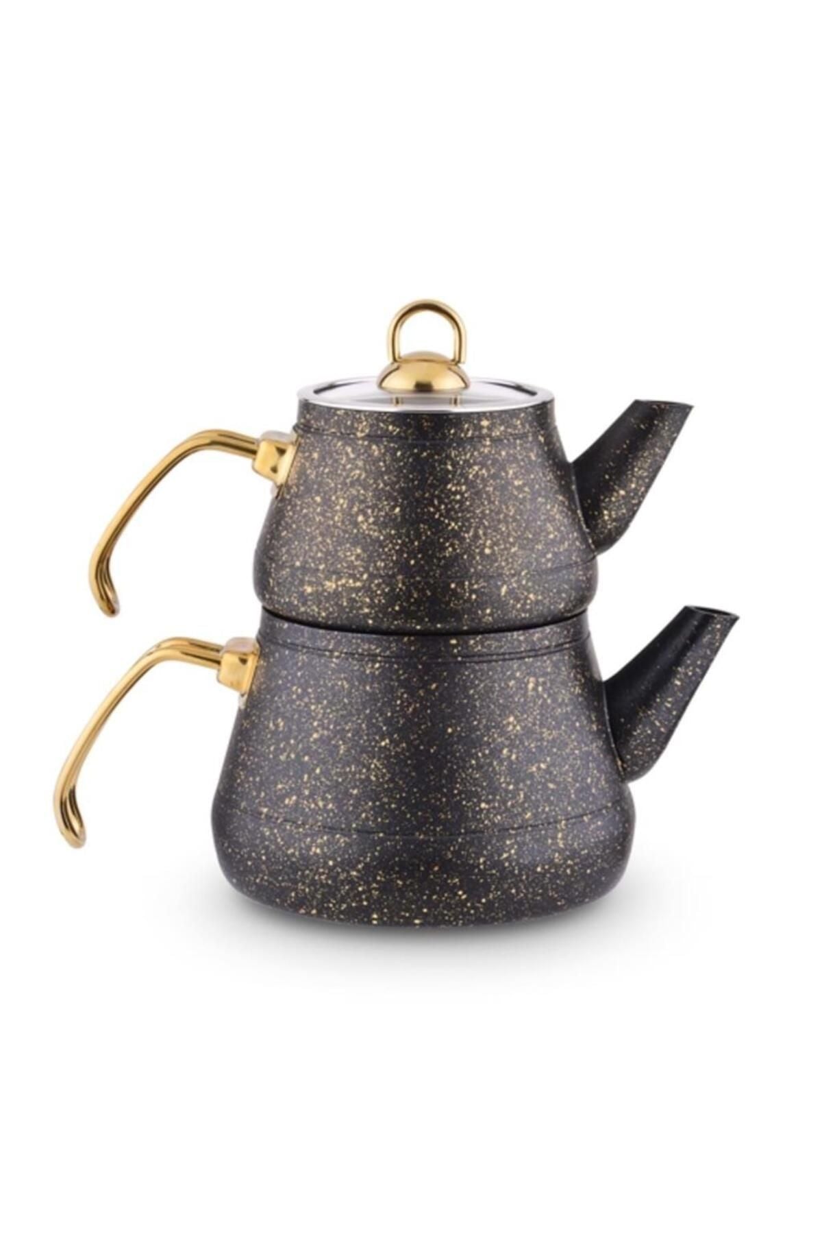 Lines Maya Granite Teapot Set Medium Size Gold Handle Black 2