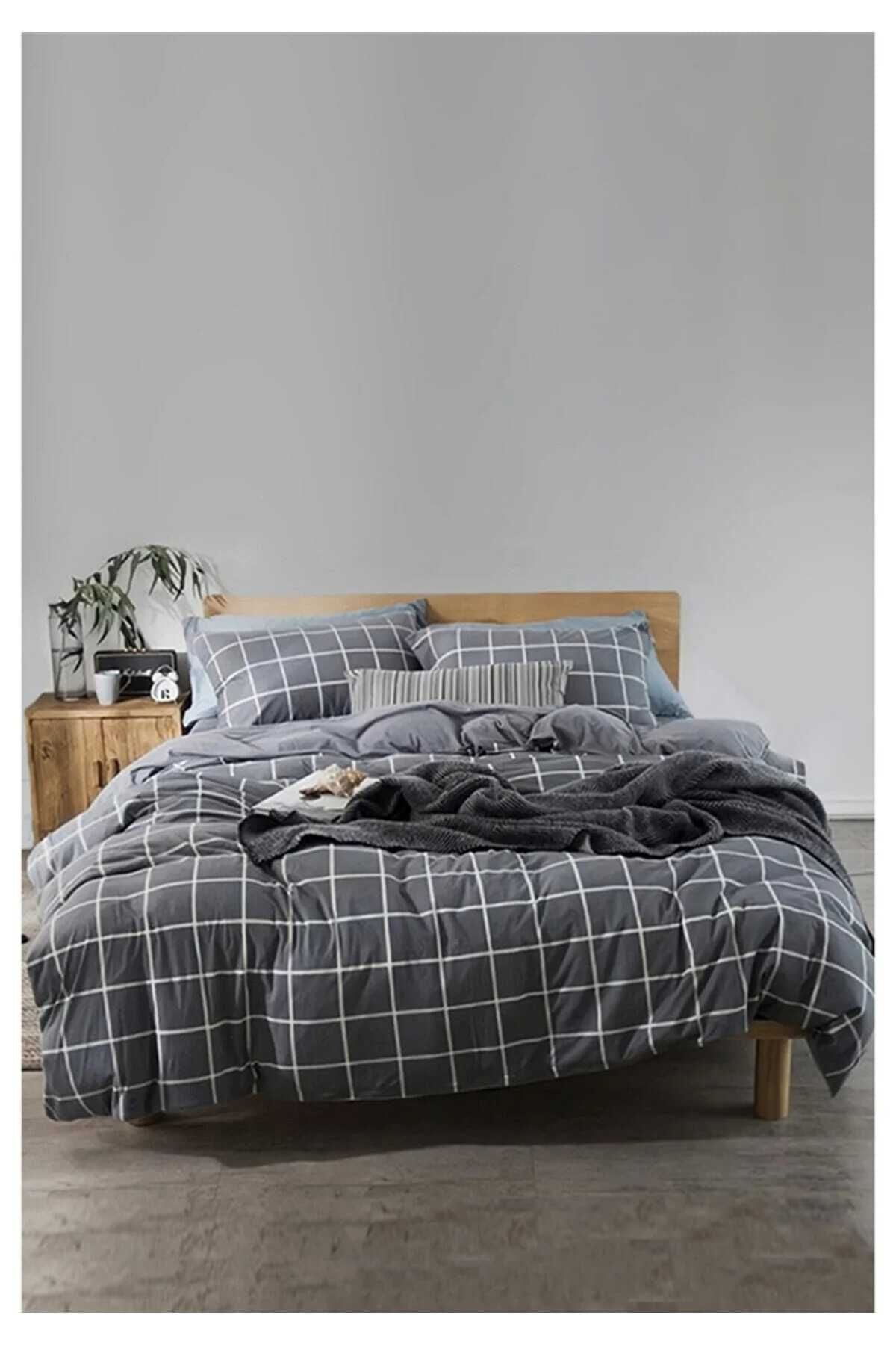 Üntaş Life Series Mini Checkered Anthracite Double Cotton Duvet Cover Set 200x220 (Without Sheet) Ecminikaro03 1