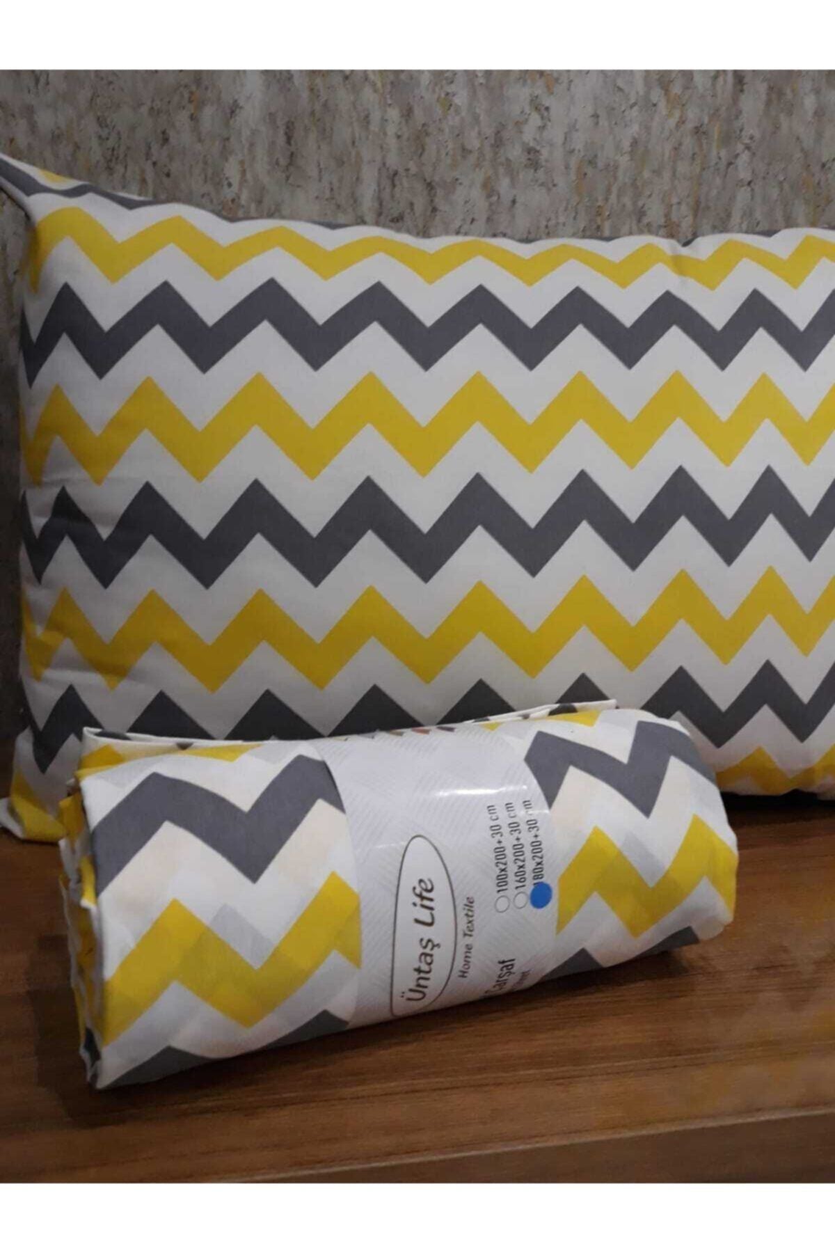 Üntaş Life Battal Double Fitted Sheet + 2 Pillowcases Yellow Gray Eczigzag012 1