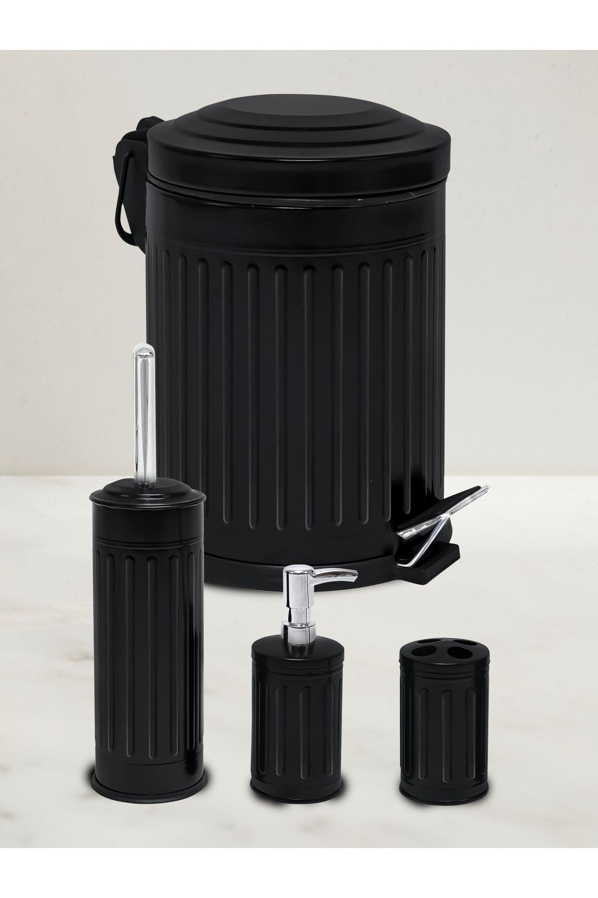 Foreca Vintage 4 Piece Trash Bin Bathroom Set Striped Black 2