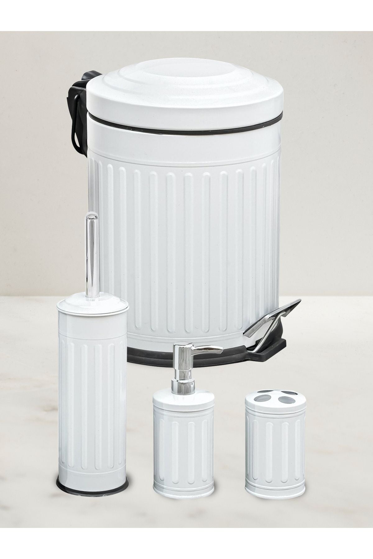 Foreca Vintage 4-Piece Trash Bin Bathroom Set Striped White 2