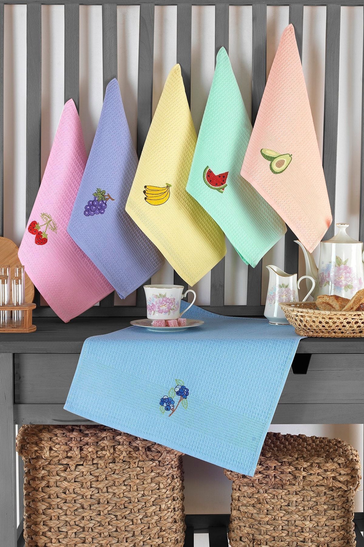 MK Havlu Fruit Embroidered Kitchen Towel Set I Dishcloth 6 Pieces 1