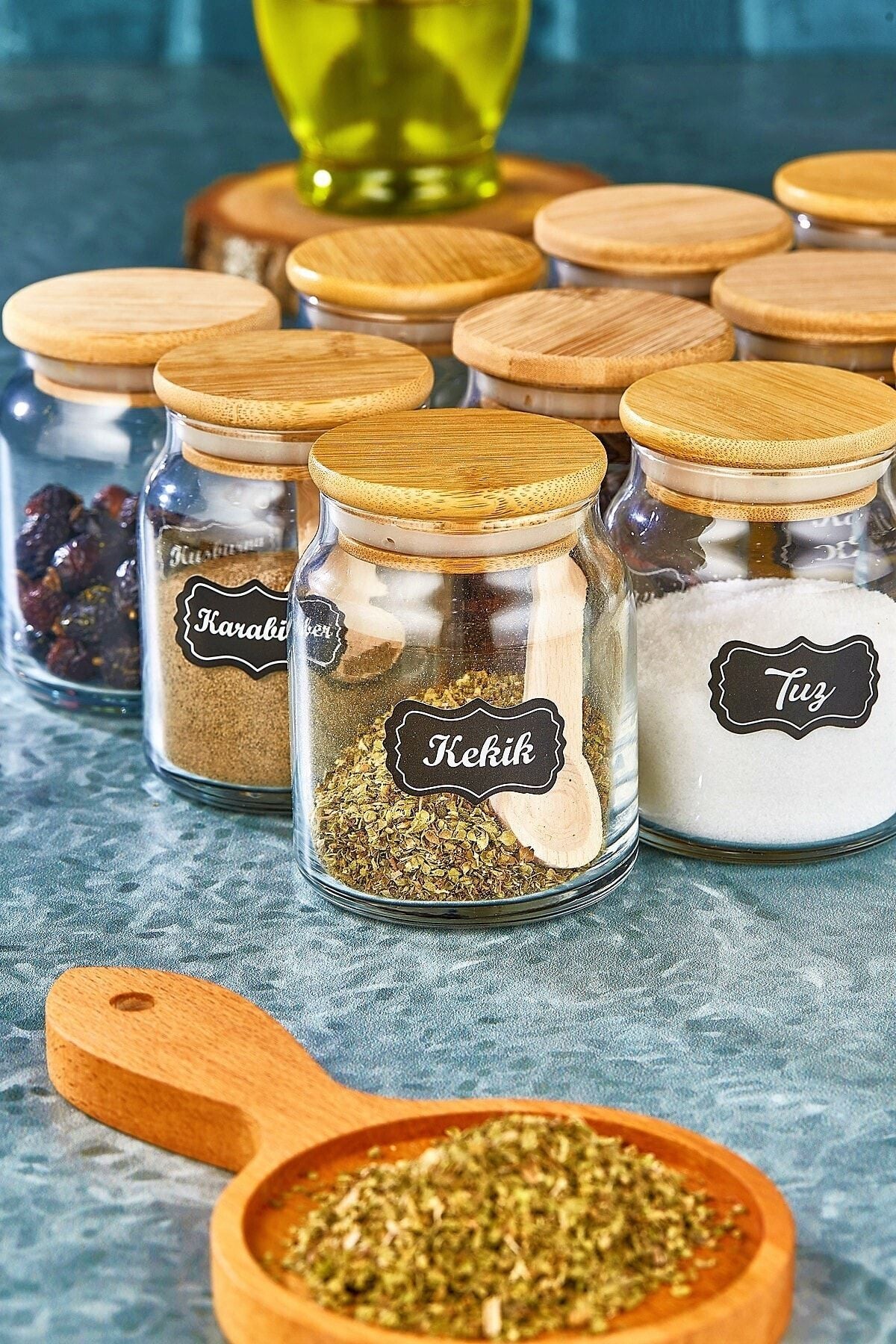 FBZhome Labeled Bamboo Lid 300 ml 12 Jars And 12 Mini Spice Spoons - 24 Piece Spice Set 2