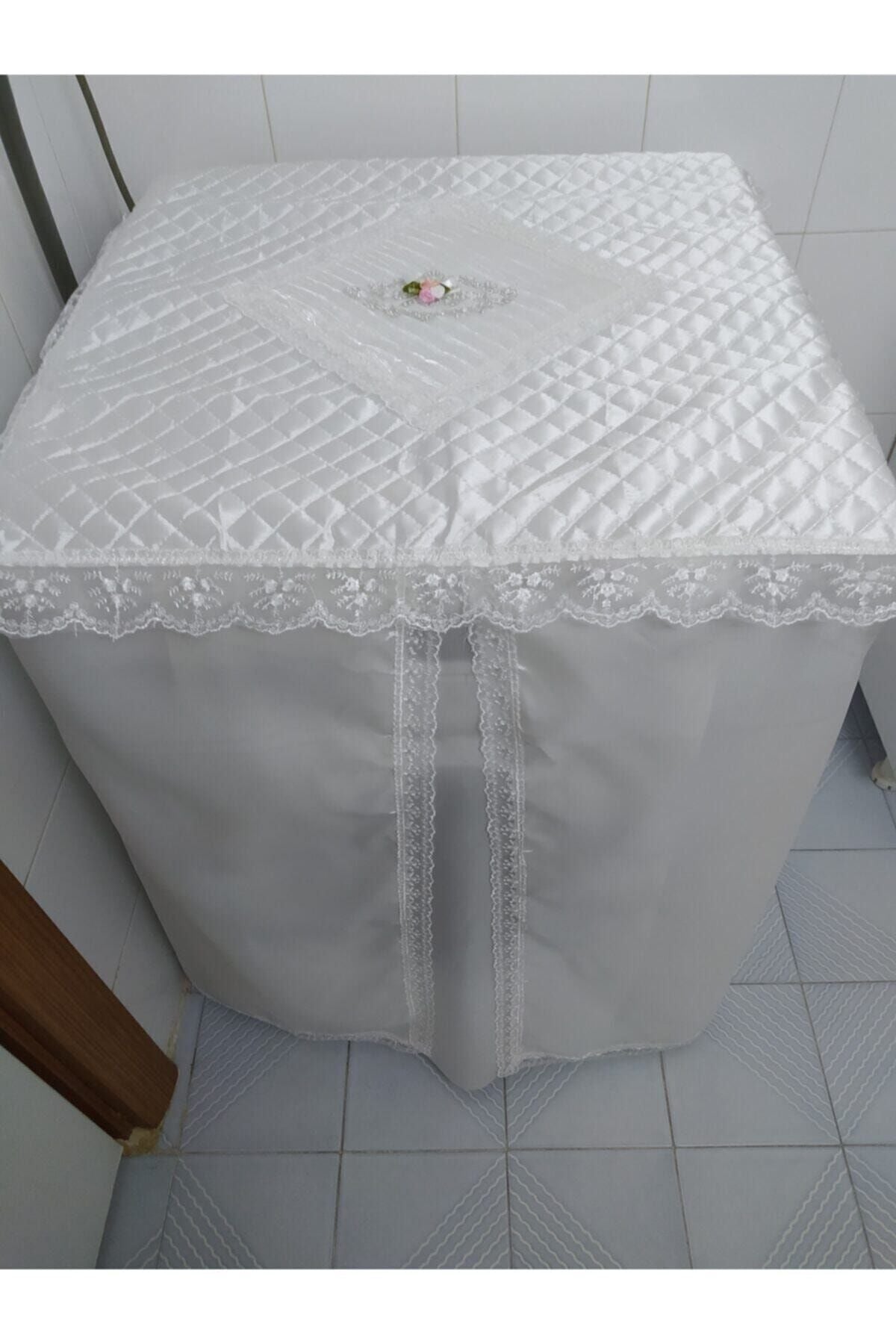 CEYDA Washing Machine Cover Satin Fabric Lace Edge Ecru Color 1