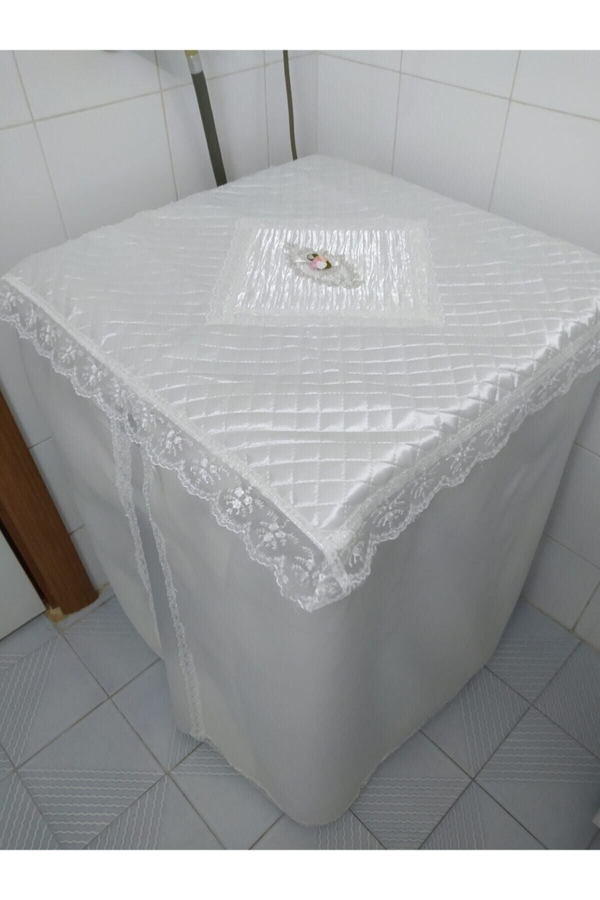 CEYDA Washing Machine Cover Satin Fabric Lace Edge Ecru Color 2