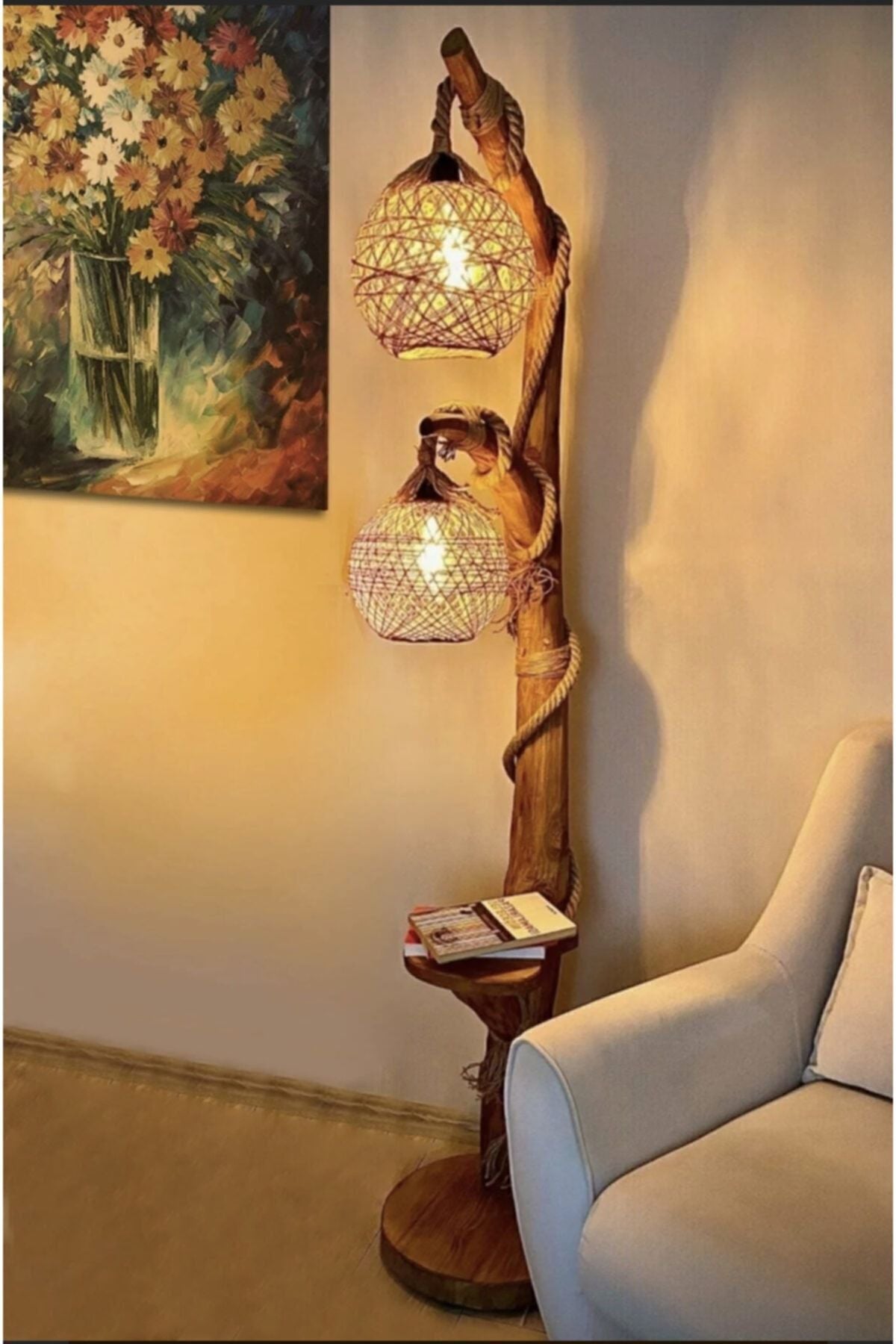 MenalART Ağaç Tasarım Tree Lamp Double Sphere 140 Cm Wooden Lamp Log Corner Lighting Lampshade 1