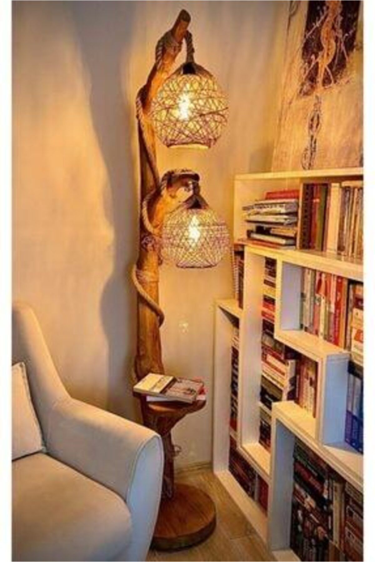 MenalART Ağaç Tasarım Tree Lamp Double Sphere 140 Cm Wooden Lamp Log Corner Lighting Lampshade 2