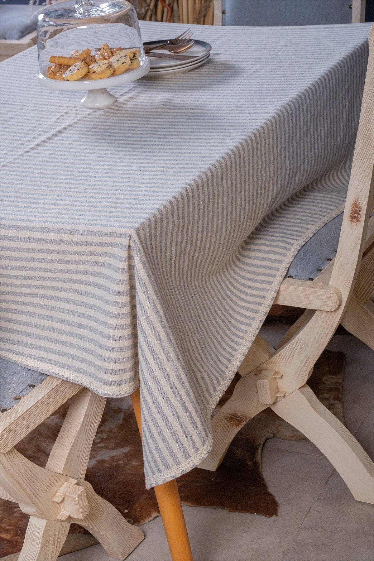 Vivamaison Lace Trimmed Gray Striped Linen Tablecloth 1