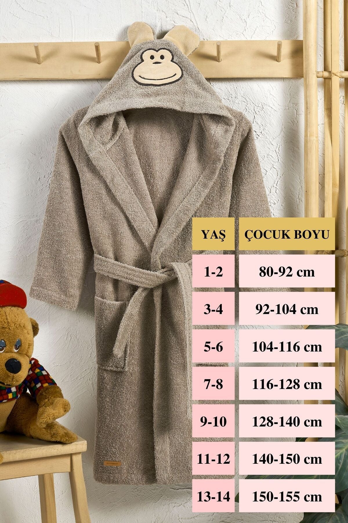 ELY PARKER Hooded Children's Bathrobe 100% Cotton Water Absorbent Monkey Boys Girls 3