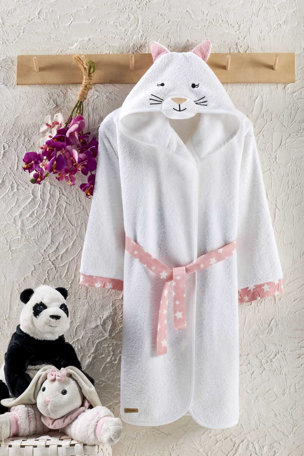 ELY PARKER Hooded Children's Bathrobe 100% Cotton Water Absorbent Cat White 1