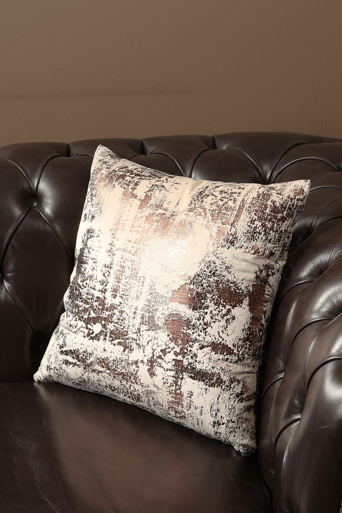 ÖZENEV Beige Copper Cushion Cover Decorative Patterned Velvet Soft Living Room Sofa 1