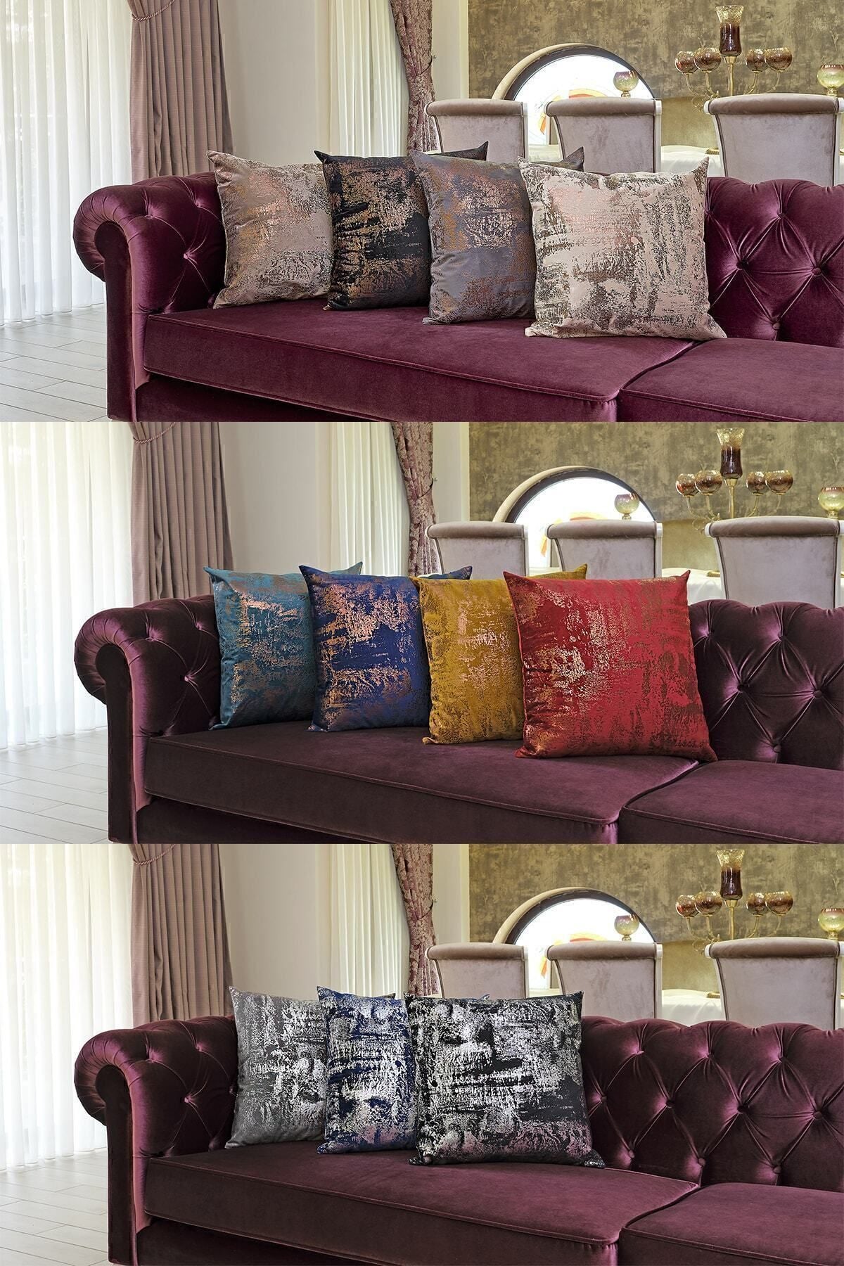 ÖZENEV Beige Copper Cushion Cover Decorative Patterned Velvet Soft Living Room Sofa 6