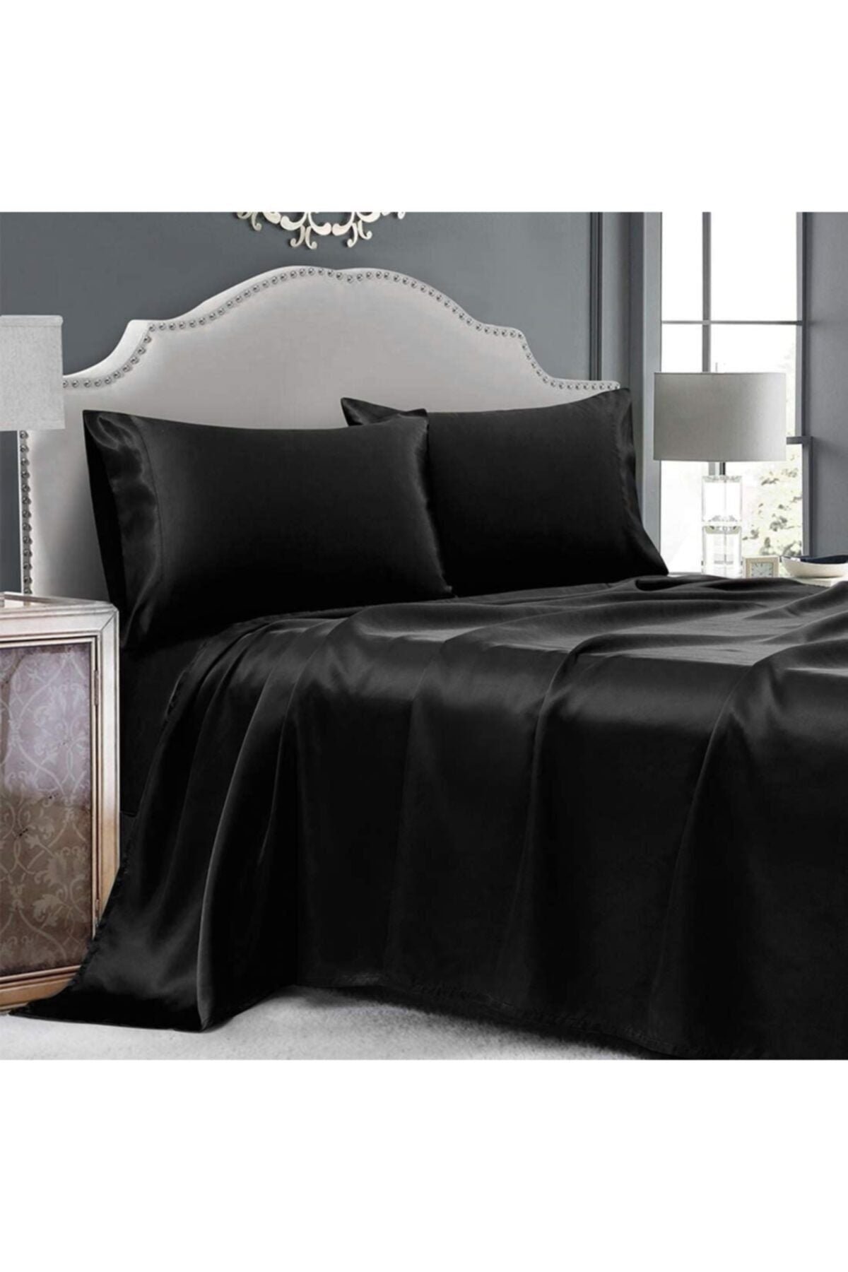 Tinybabyconcept 100% Silk Satin 4-Piece Double Duvet Cover Set 200x220 Cm Fitted Sheet Black Color 1