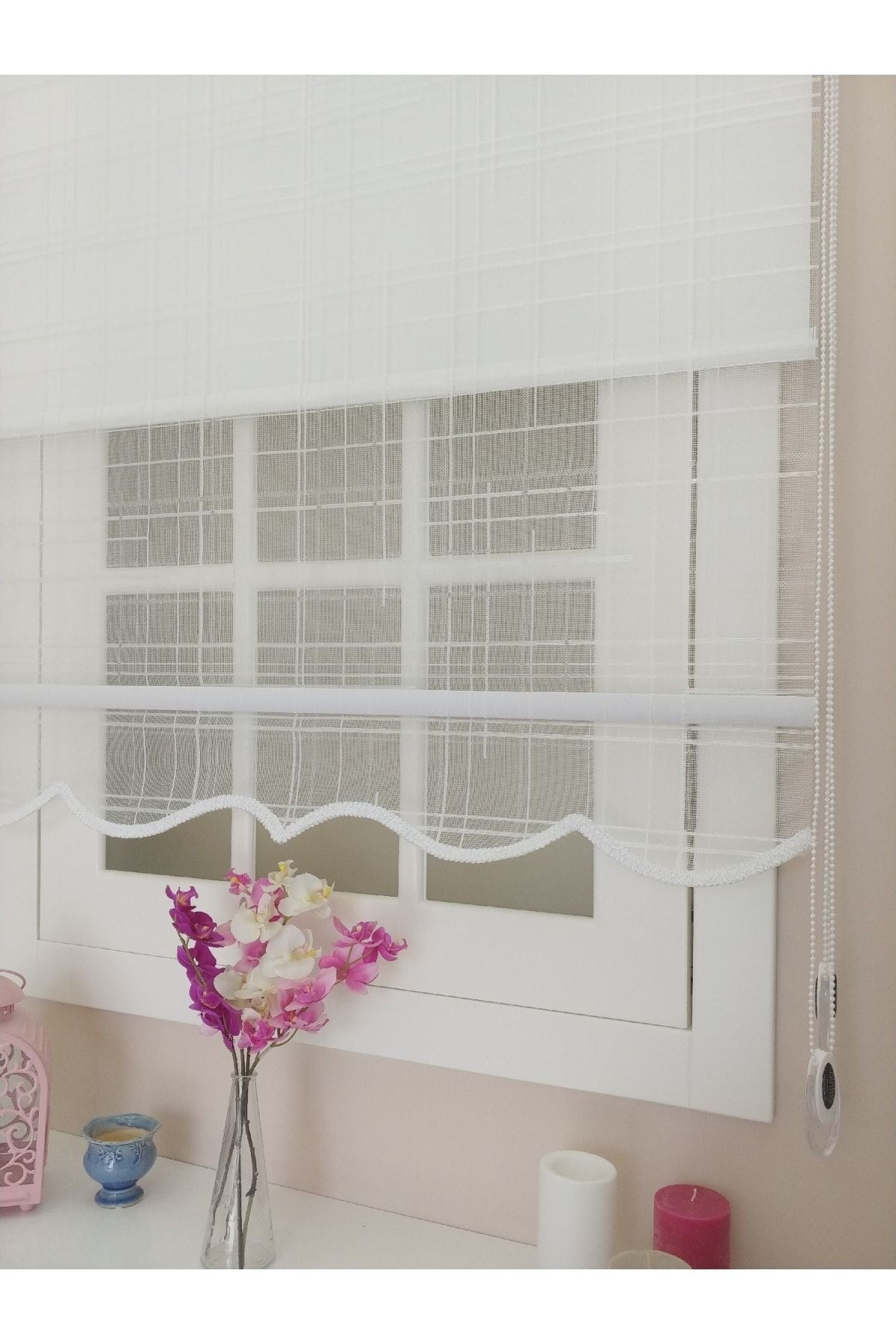 Atölyeperde Atölye Perde Double System White Plaid Patterned Tulle And Roller Blind 1