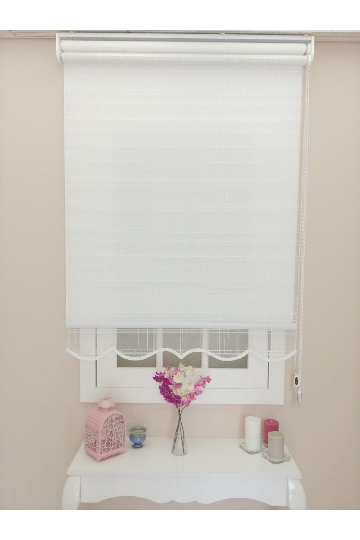 Atölyeperde Atölye Perde Double System White Plaid Patterned Tulle And Roller Blind 5