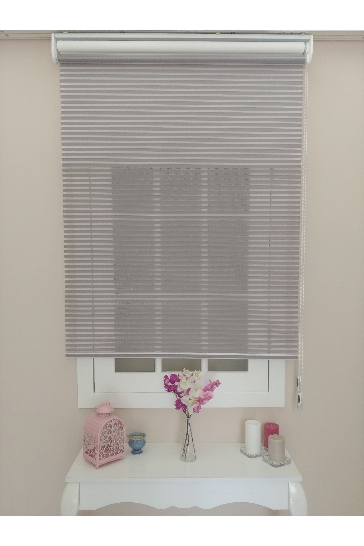 Atölyeperde Atelier Curtain Double System Plain Dark Gray (Smoke) Thick Striped Tulle And Roller Blind 3