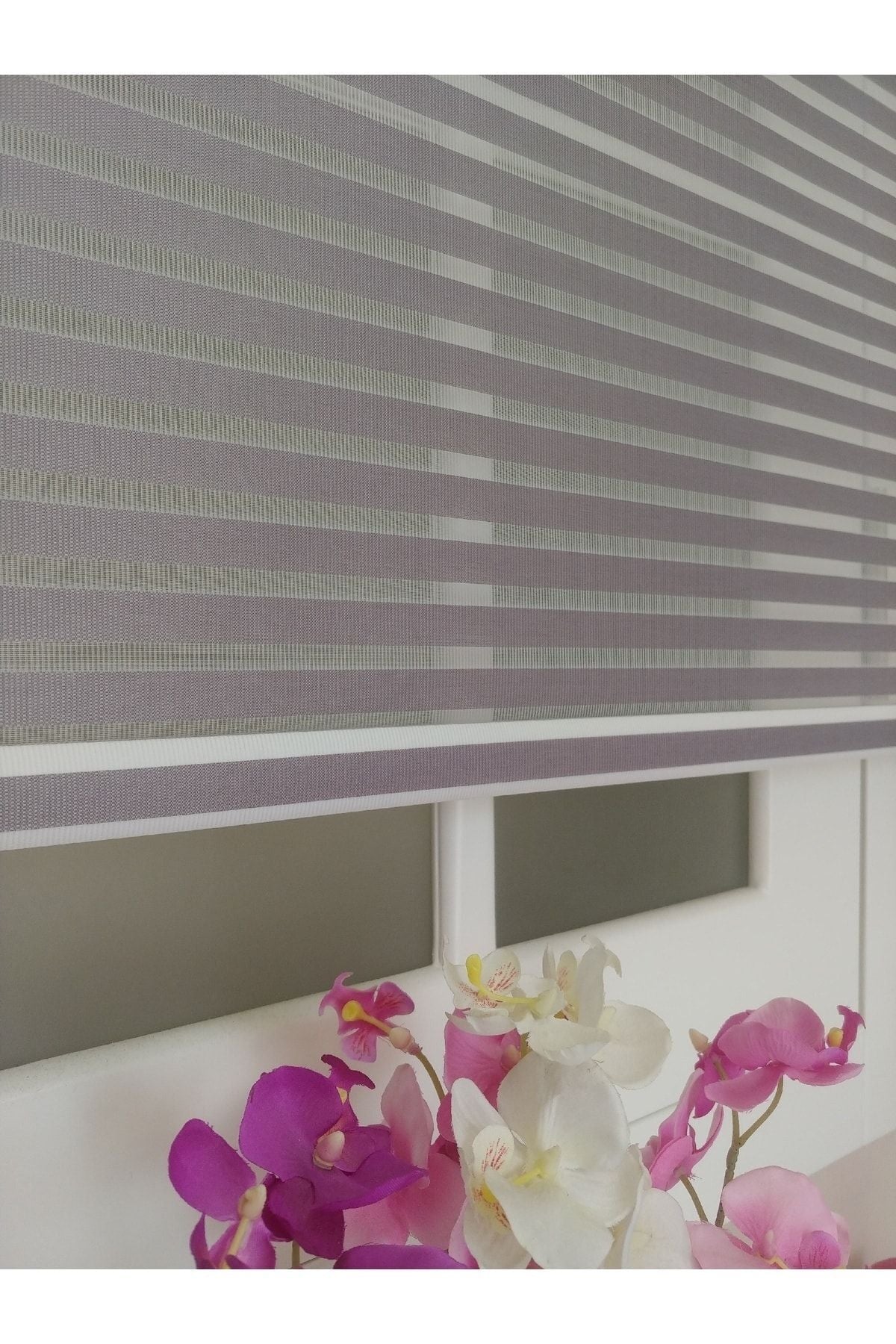 Atölyeperde Atelier Curtain Double System Plain Dark Gray (Smoke) Thick Striped Tulle And Roller Blind 4