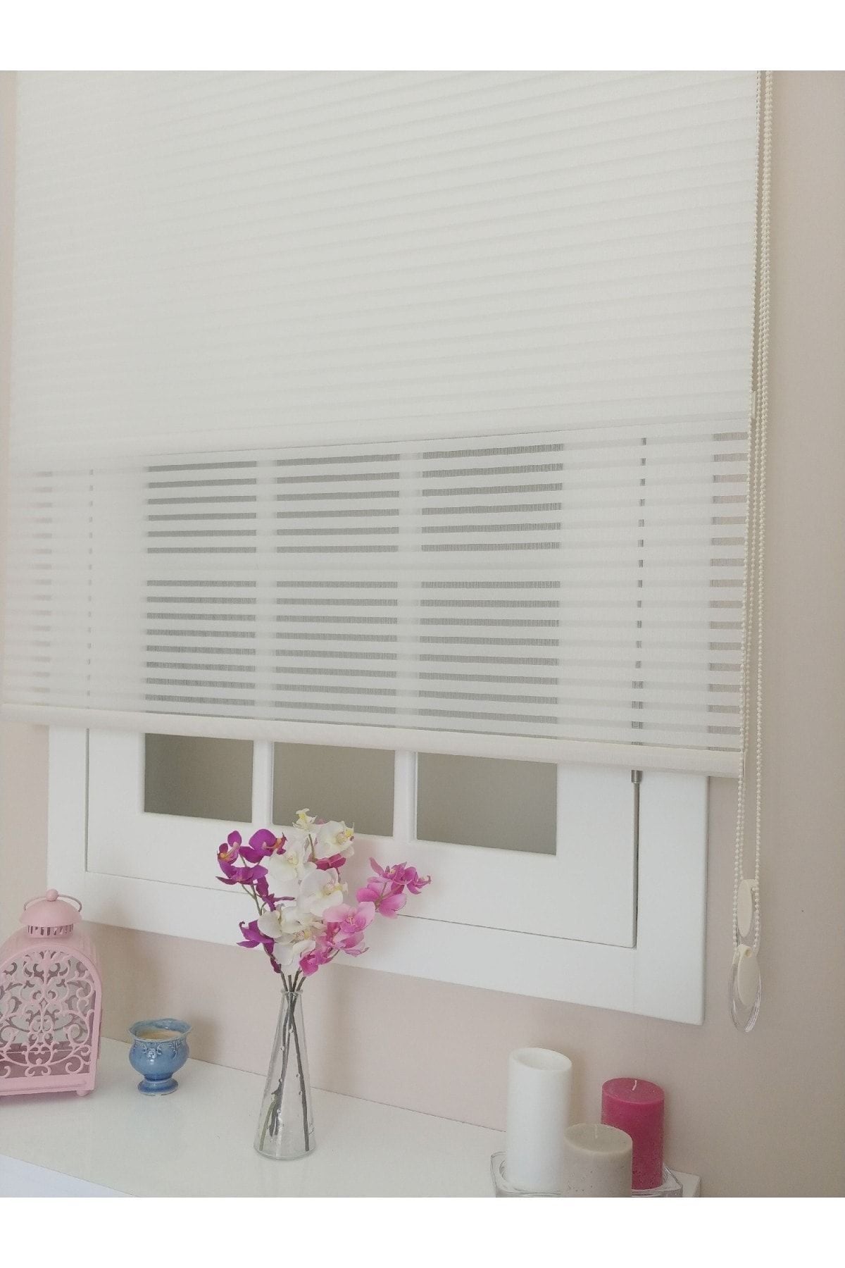 Atölyeperde Atölye Perde Double System Plain Ecru Light Cream Thick Striped Voile And Roller Blind 1