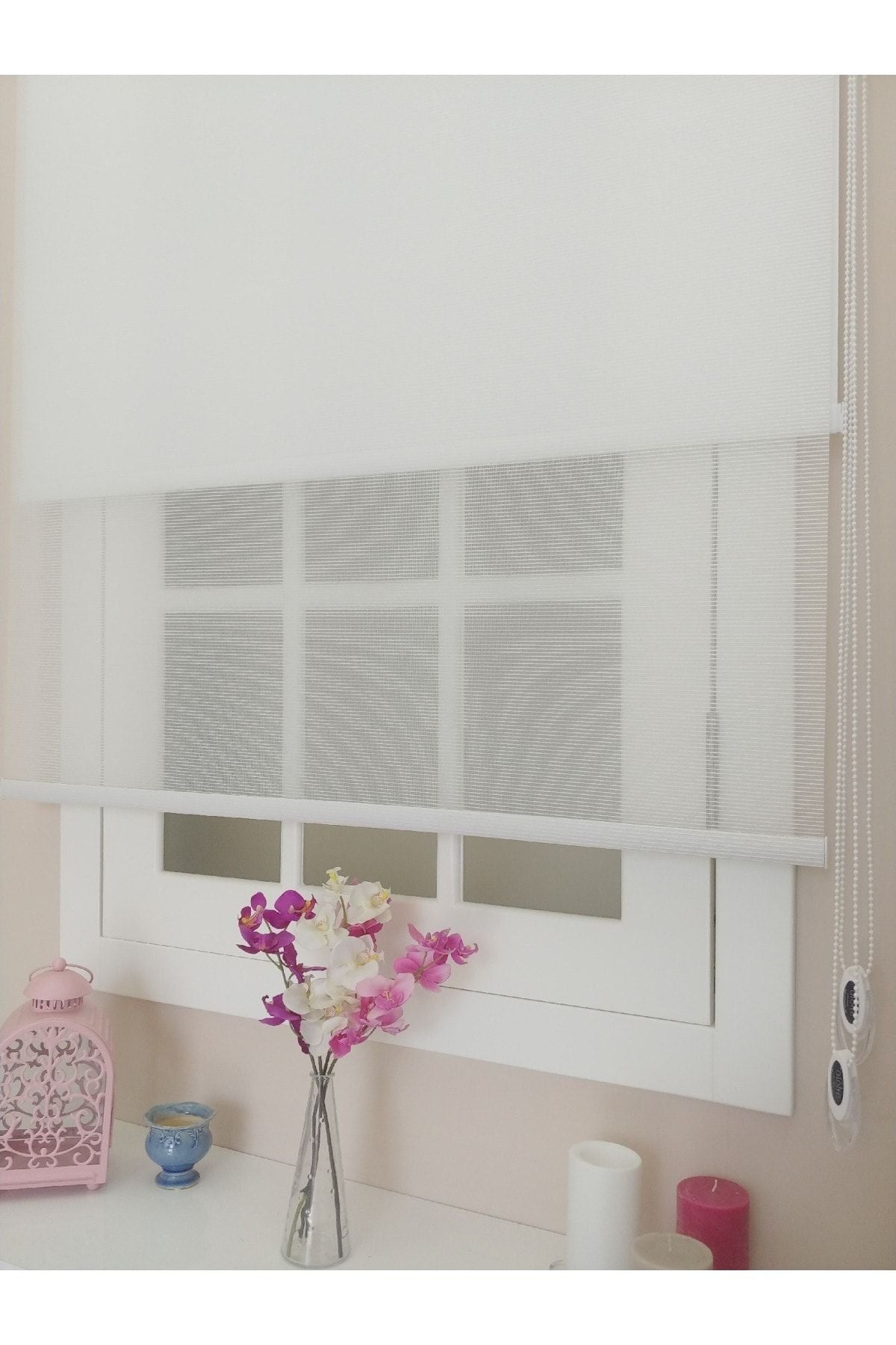 Atölyeperde Atölye Perde Double System Plain White Striped Square Virtual Tulle And Roller Blind (Without Hem Model) 1