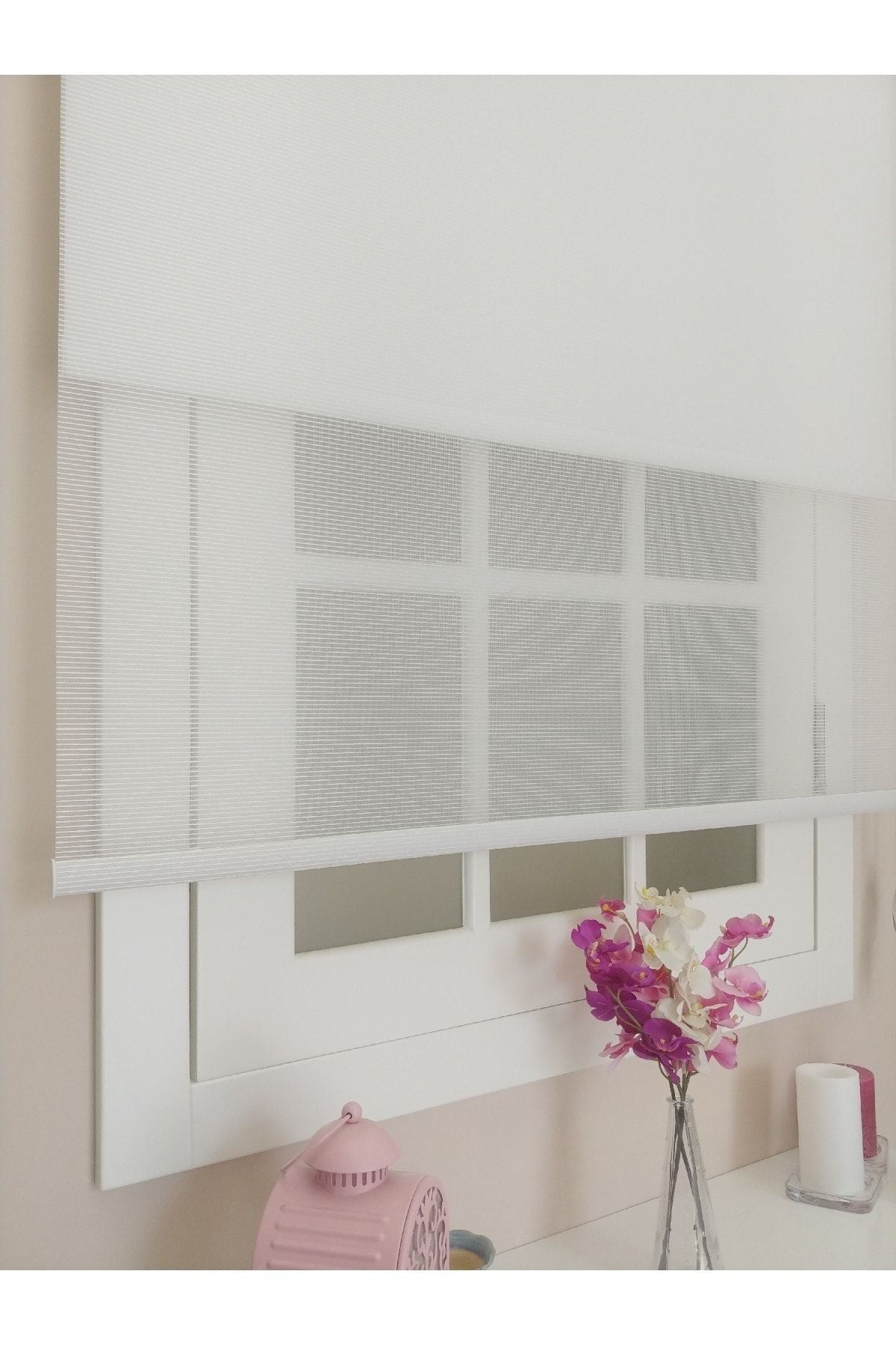 Atölyeperde Atölye Perde Double System Plain White Striped Square Virtual Tulle And Roller Blind (Without Hem Model) 2