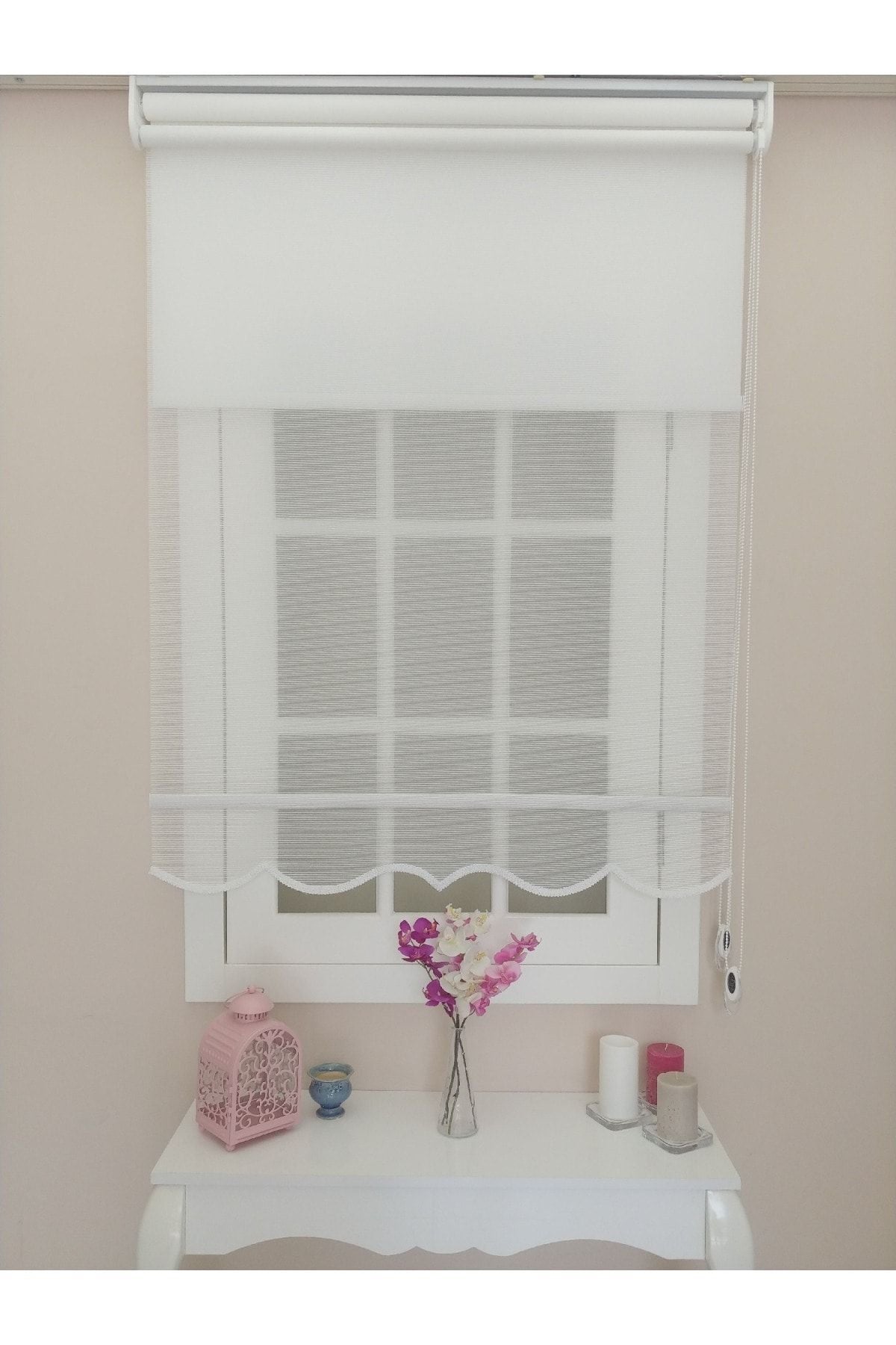 Atölyeperde Atölye Perde Double System Plain White Striped Square Virtual Tulle And Roller Blind (Without Hem Model) 4