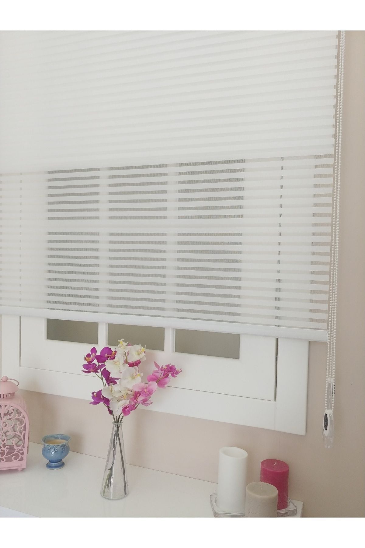 Atölyeperde Atelier Curtain Double System Plain White Thick Striped Tulle And Roller Blind 1