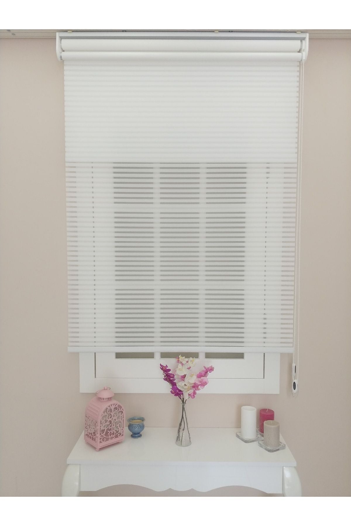 Atölyeperde Atelier Curtain Double System Plain White Thick Striped Tulle And Roller Blind 4