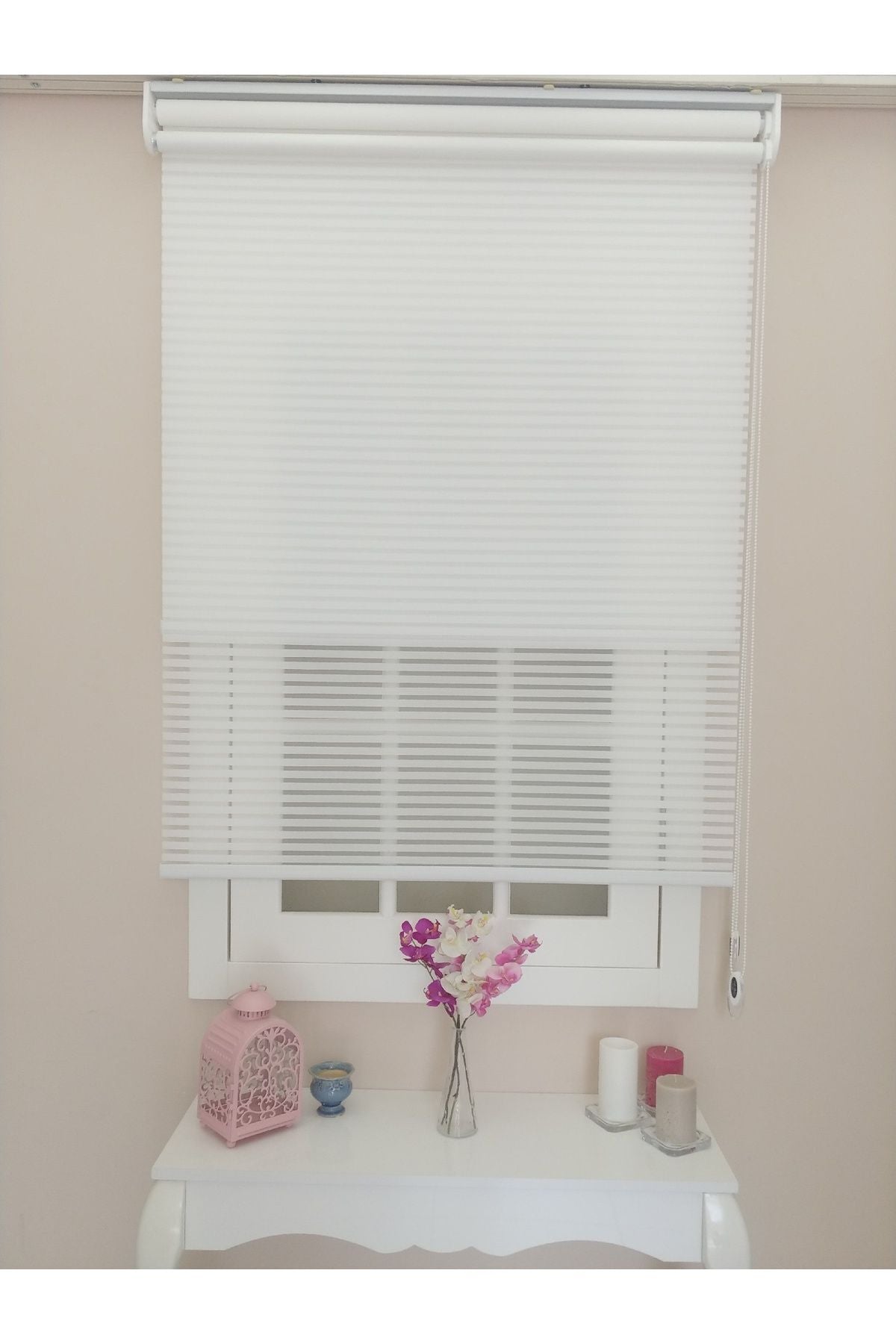 Atölyeperde Atelier Curtain Double System Plain White Thick Striped Tulle And Roller Blind 5