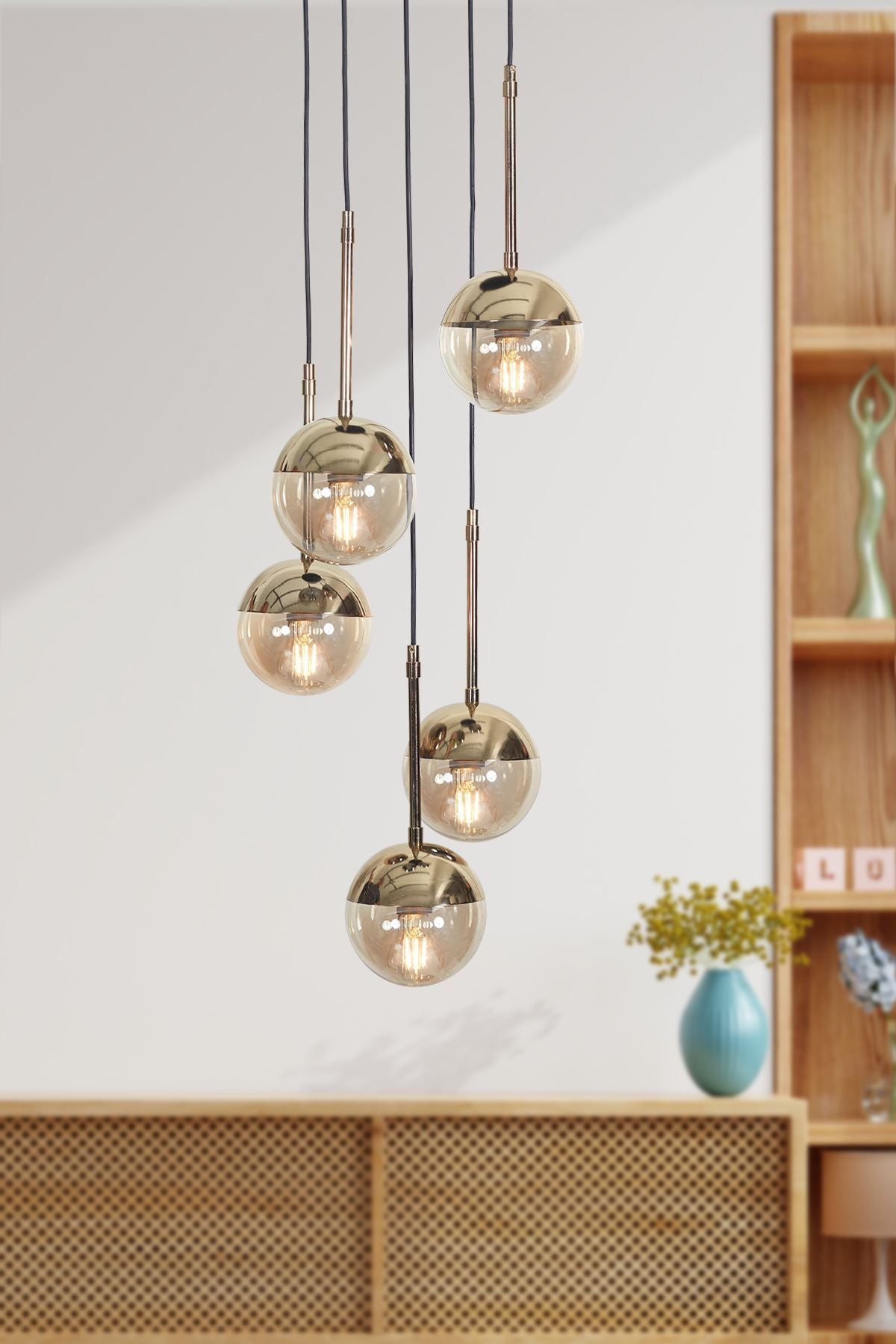 Luzarana Nova 5 Li Gold-black Metal Body Honey-colored Glass Design Luxury Pendant Lamp 1