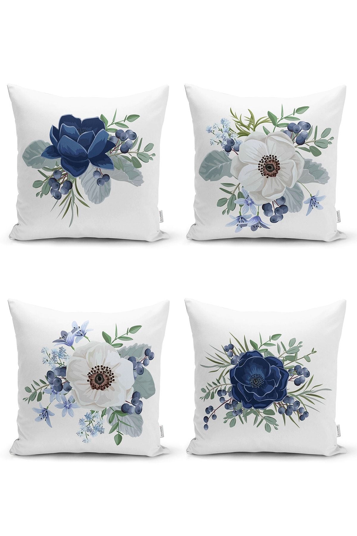 Realhomes 4-Piece Blue White Rose Design Digital Printed Modern Cushion Cover Set 1