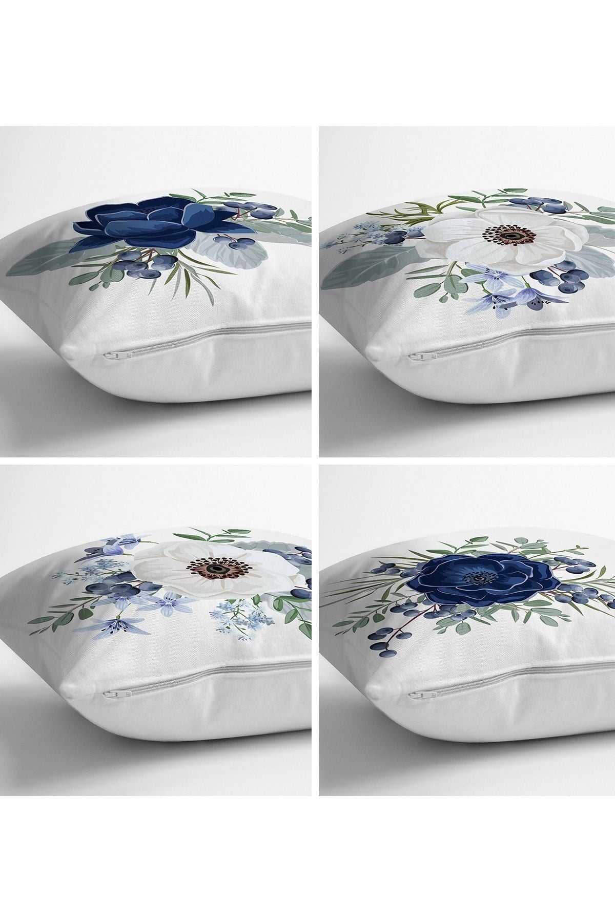 Realhomes 4-Piece Blue White Rose Design Digital Printed Modern Cushion Cover Set 2