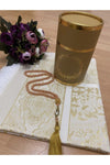 AYHANHOME Bridal Gift Boxed Gold Prayer Rug Set Luxury Taffeta Prayer Rug, Pearl Rosary 1