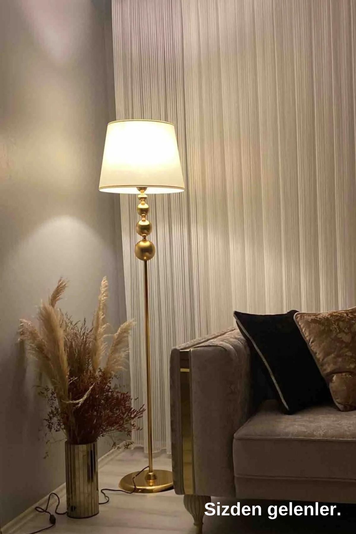 Vinner Vega Gold Plated Triple Sphere Metal Floor Lamp - Gold Striped S Cream 4