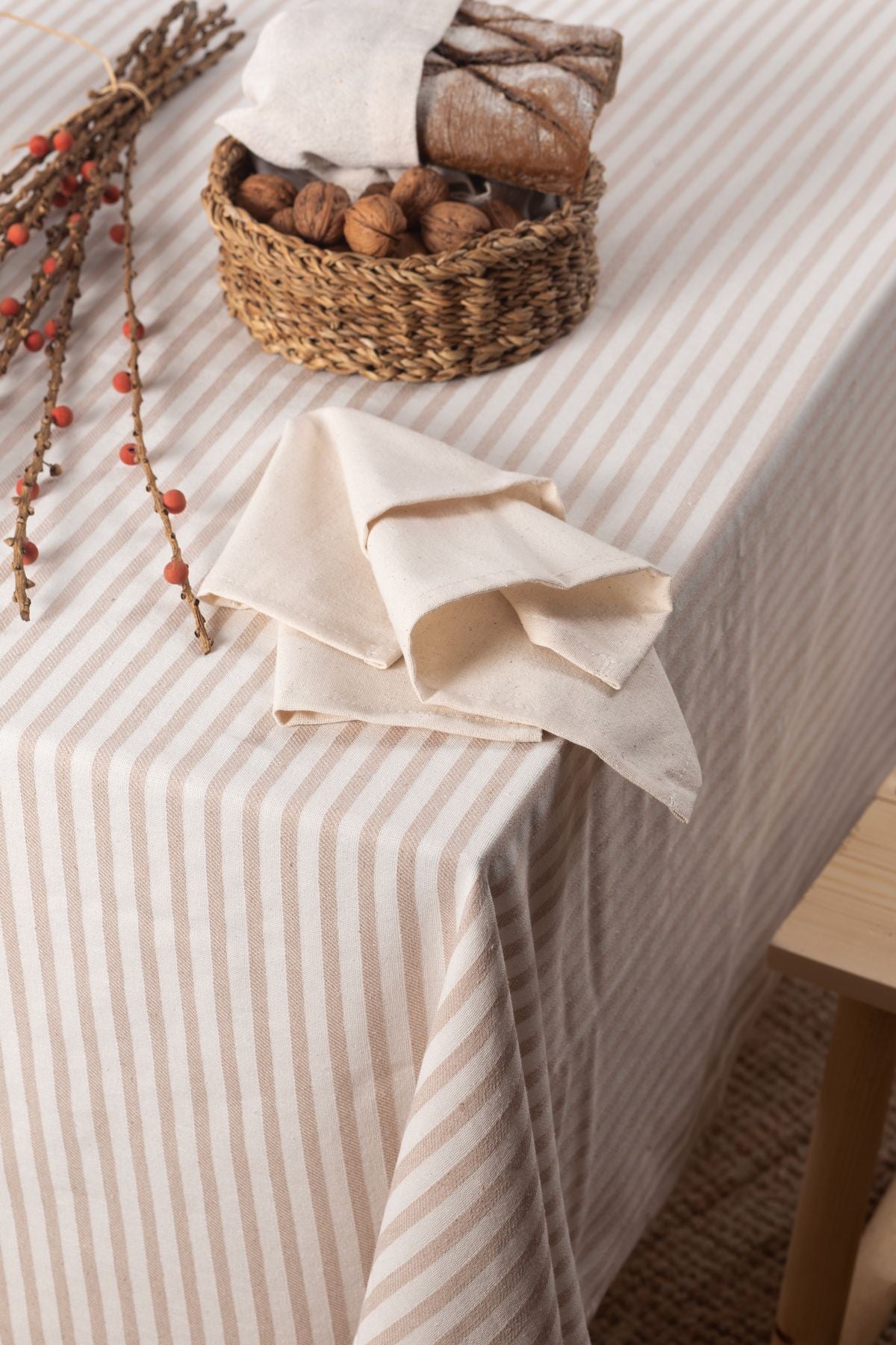 Wellstil Kayra | Organic Raw Linen Light Brown Striped Tablecloth 2