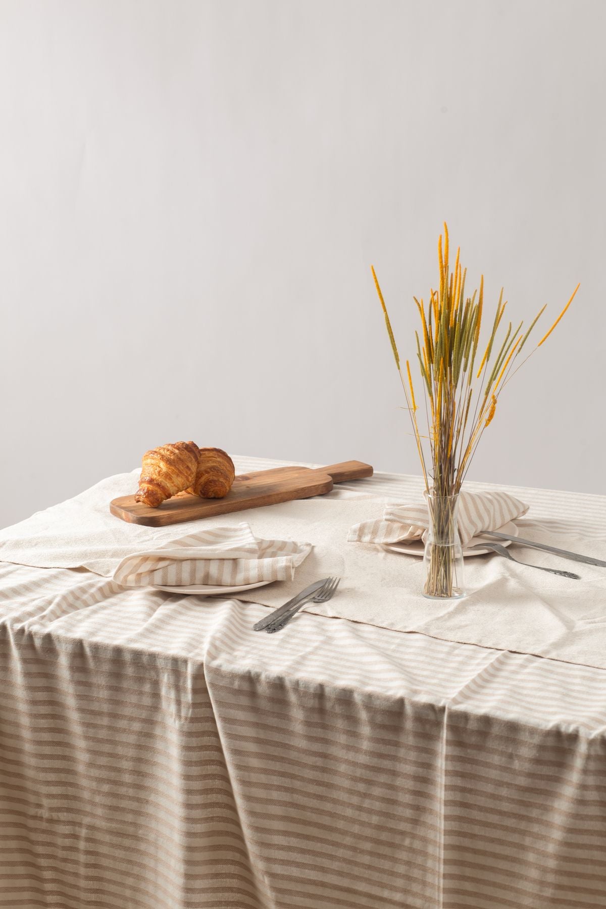 Wellstil Kayra | Organic Raw Linen Light Brown Striped Tablecloth 3